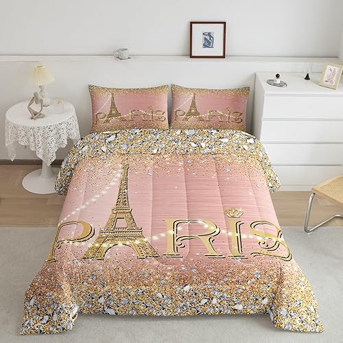 Juego de ropa de cama de tamaño matrimonial de la Torre Eiffel, romántico juego de ropa de cama de la torre de París para adolescentes y adultos,