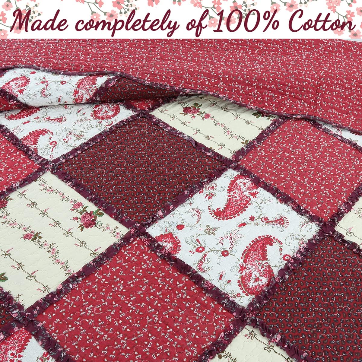 Rich Red Rose Floral Paisley 3-Piece Patchwork Ruffle Scalloped Vintage Farmhouse Cotton Reversible Queen Quilt Bedding Set by Cozy Line Home Fashions