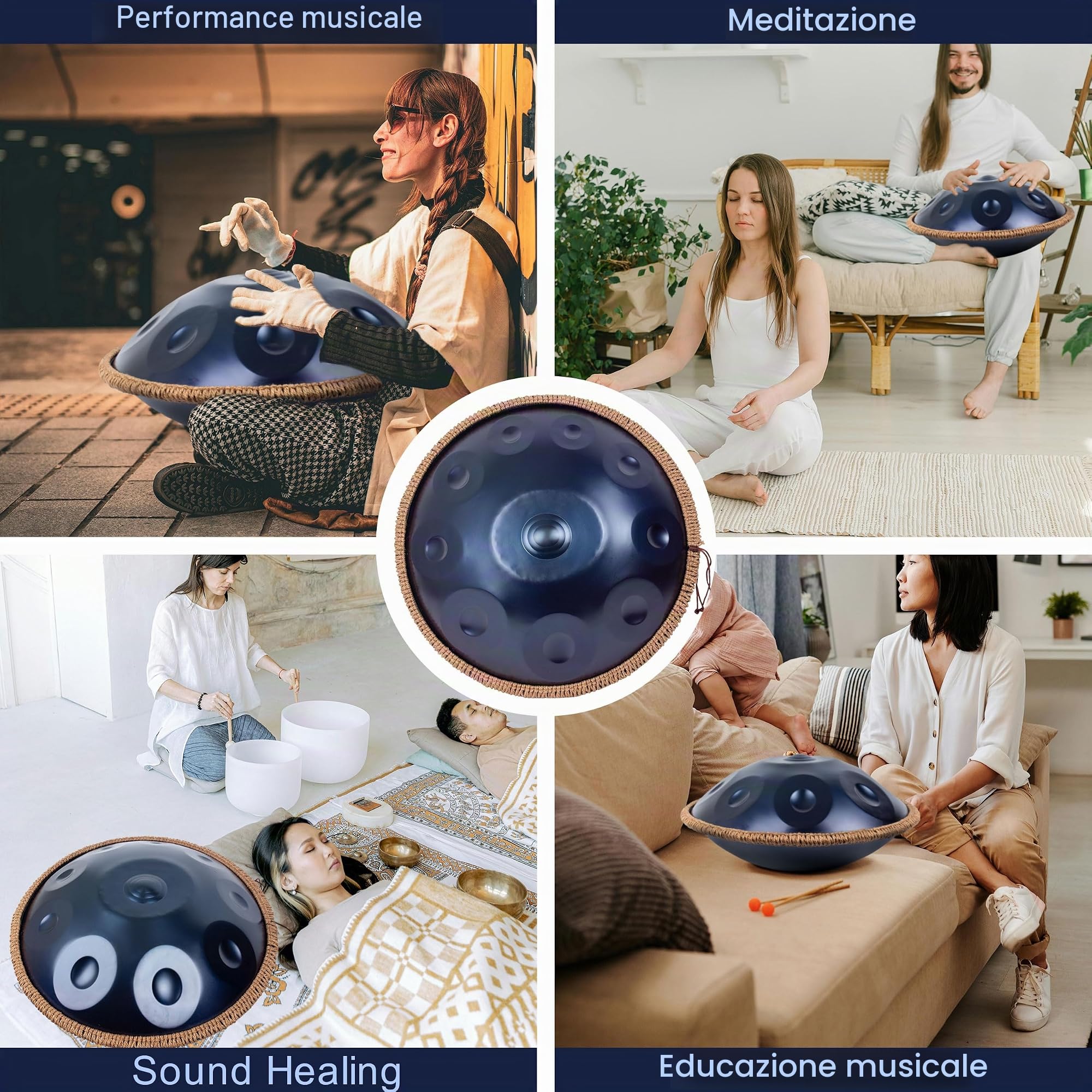 Handpan, Steel Drum, Hand Pan, Tamburo in Acciaio, Blu | 432HZ 19 Pollici 48cm 10 Note D Minore Principiante Handpan Drum per Meditazione e Yoga, Tamburo a Mano con Borsa e Supporto