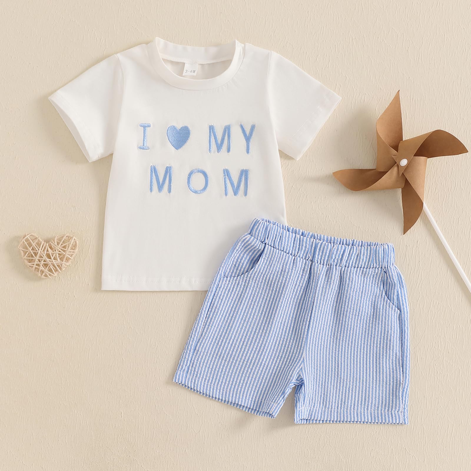 Finegoodwei Summer Baby Boys Mother Day Clothes Sets Embroidery Short Sleeves T-Shirt Striped Shorts Toddler Outfits (Sky Blue, 2-3T)