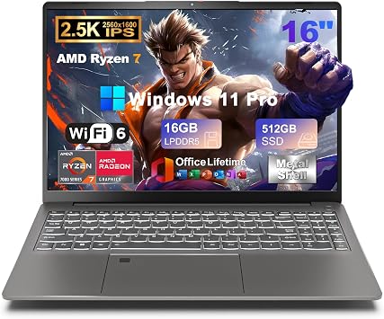 2025 16 Inch 2.5K IPS Gaming Laptop Computer, AMD Ryzen 7 6800H Up to 4.7GHz, 16GB DDR5 512GB SSD, AMD Radeon 680M, WiFi 6, Type-C, Webcam, Fingerprint, Backlit Keyboard, Windows 11 Pro w/ MS Office