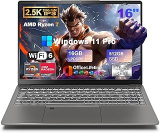 2025 16 Inch 2.5K IPS Gaming Laptop Computer, AMD Ryzen 7 6800H (Up to 4.7GHz), 16GB DDR5 512GB SSD, AMD Radeon 680M, WiFi 6, Type-C, Webcam, Fingerprint, Backlit Keyboard, Windows 11 Pro w/ MS Office product image