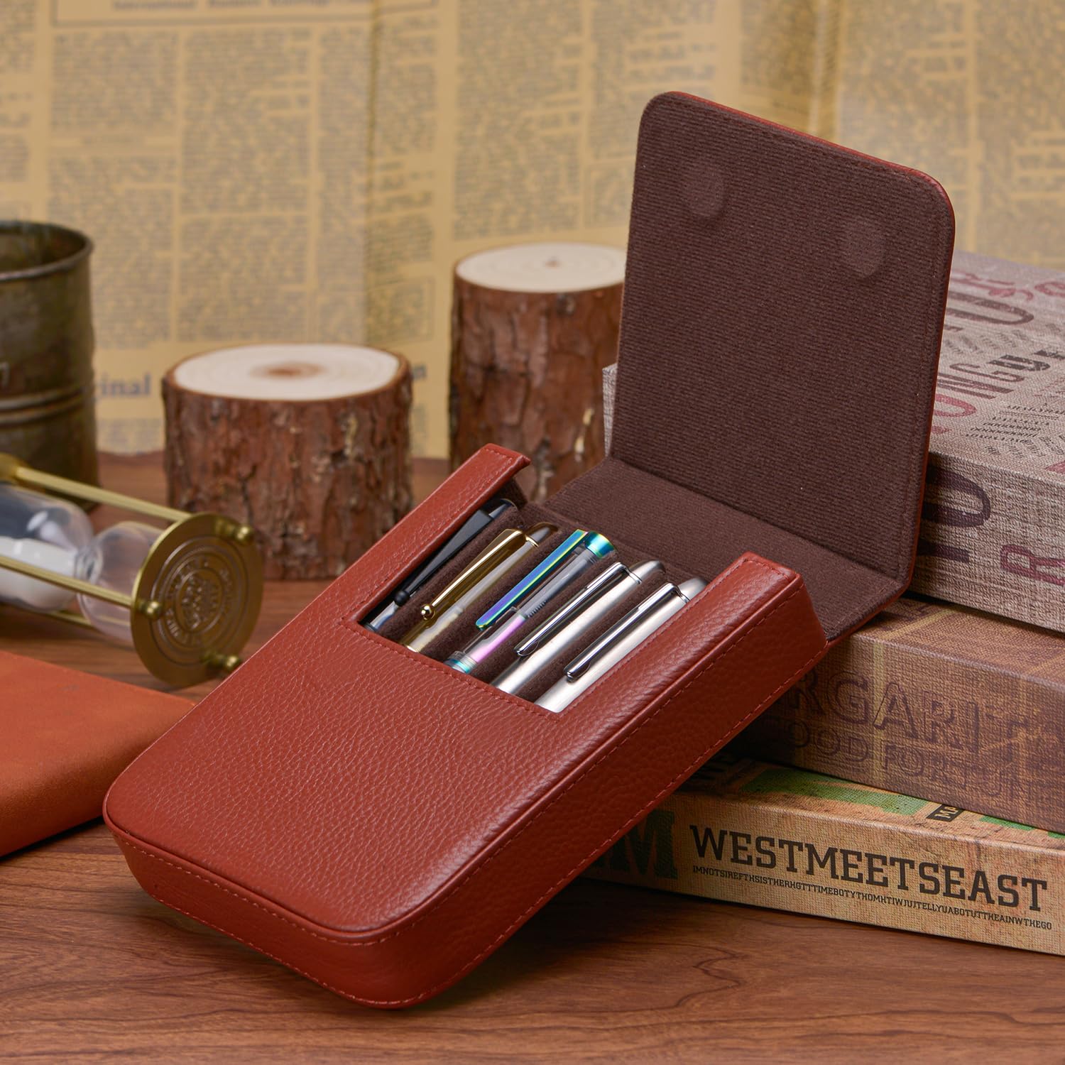 Lanxivi Genuine Leather Fountain Pen Case 6 Slot Coffee Leather Organizer, Portable Pen Bag Pouch Drawer Style - Image 2