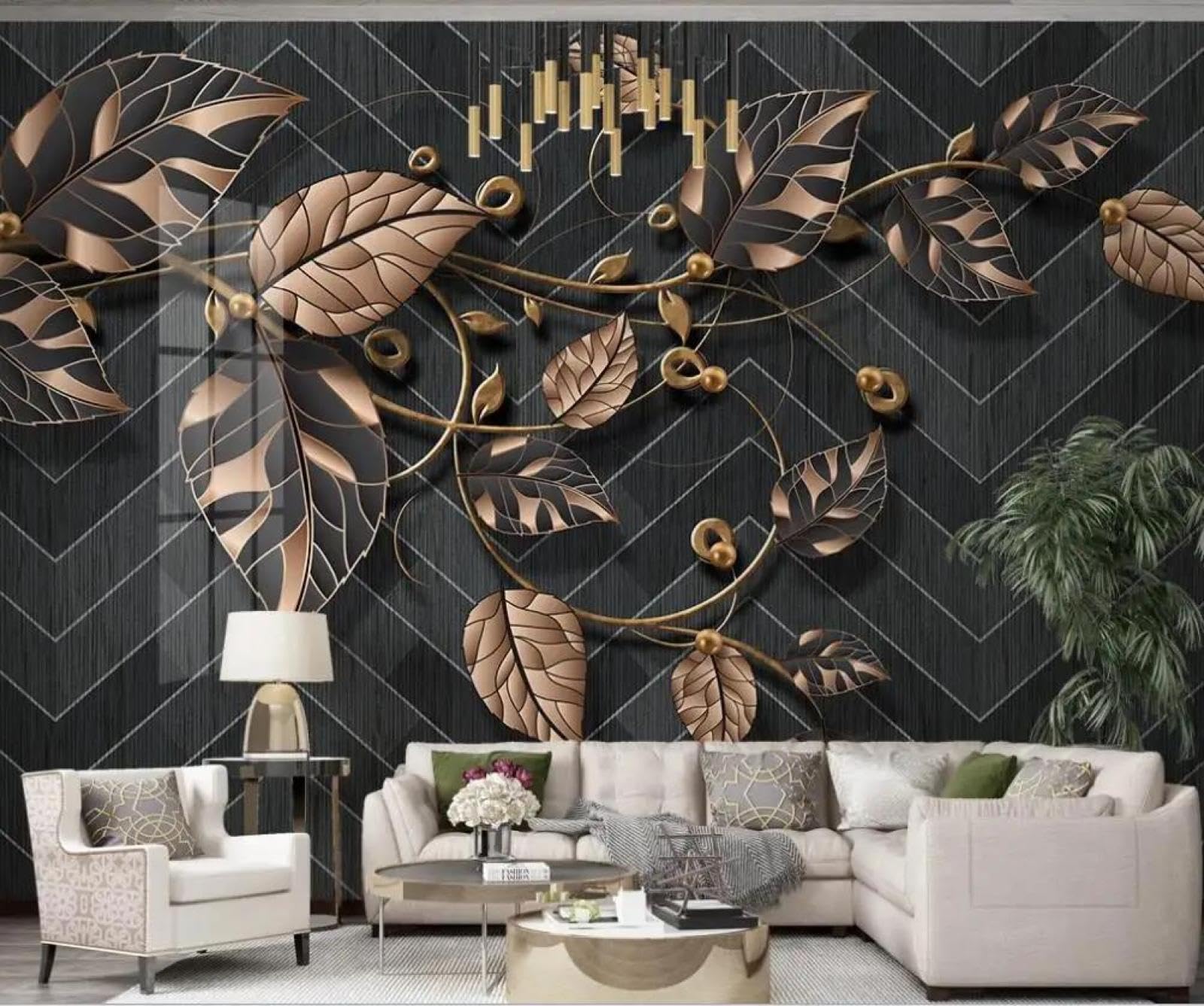Papier peint mural 3d feuilles d'or salon chambre tapisserie intissée fond TV