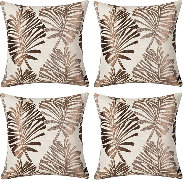 GUOIOOI Pack of 4 Decorative Throw Pillow Covers, Embroidery Cotton and Linen Square Modern Cushion Cover for Couch Sofa Bed Girls Room, 18 X 18 Inch (Color : Brown)