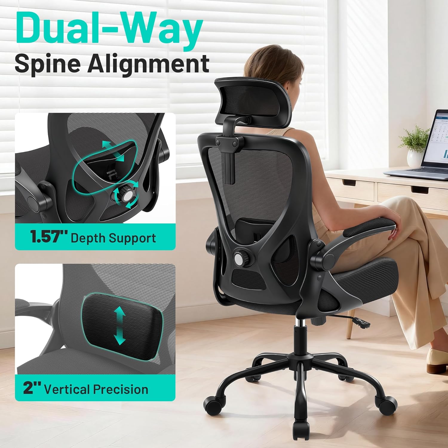AreShark Office Chair - Ergonomic Desk Chair Breathable Mesh Chair with 2D Headrest & Adjustable Lumbar Support - Executive High Back Rolling Swivel Computer Gaming Chair with Wheels Flip-up Armrests - Image 3