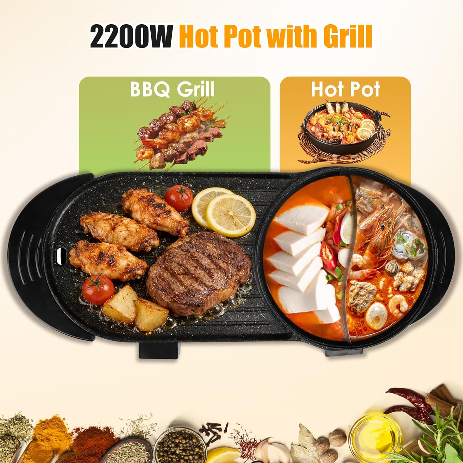 2200W Hot Pot with Grill 2 in 1 Electric Shabu Shabu Pot with BBQ Grill Cooker Indoor Smokeless Non-Stick Korean BBQ Grill with Independent Temperature Control 5 Gears Firepower for 2-10 People