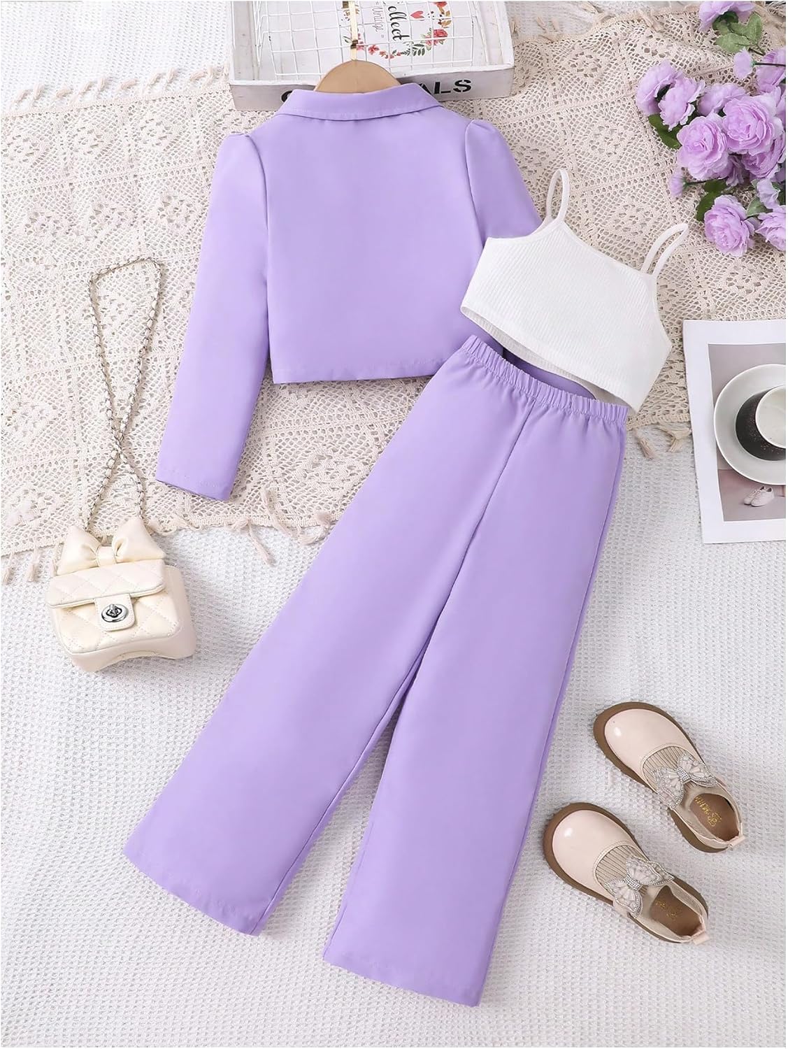 Milumia Girl's 3 Piece Outfit Button Down Collared Long Sleeve Blazer Cami Top Pants Set - Image 2