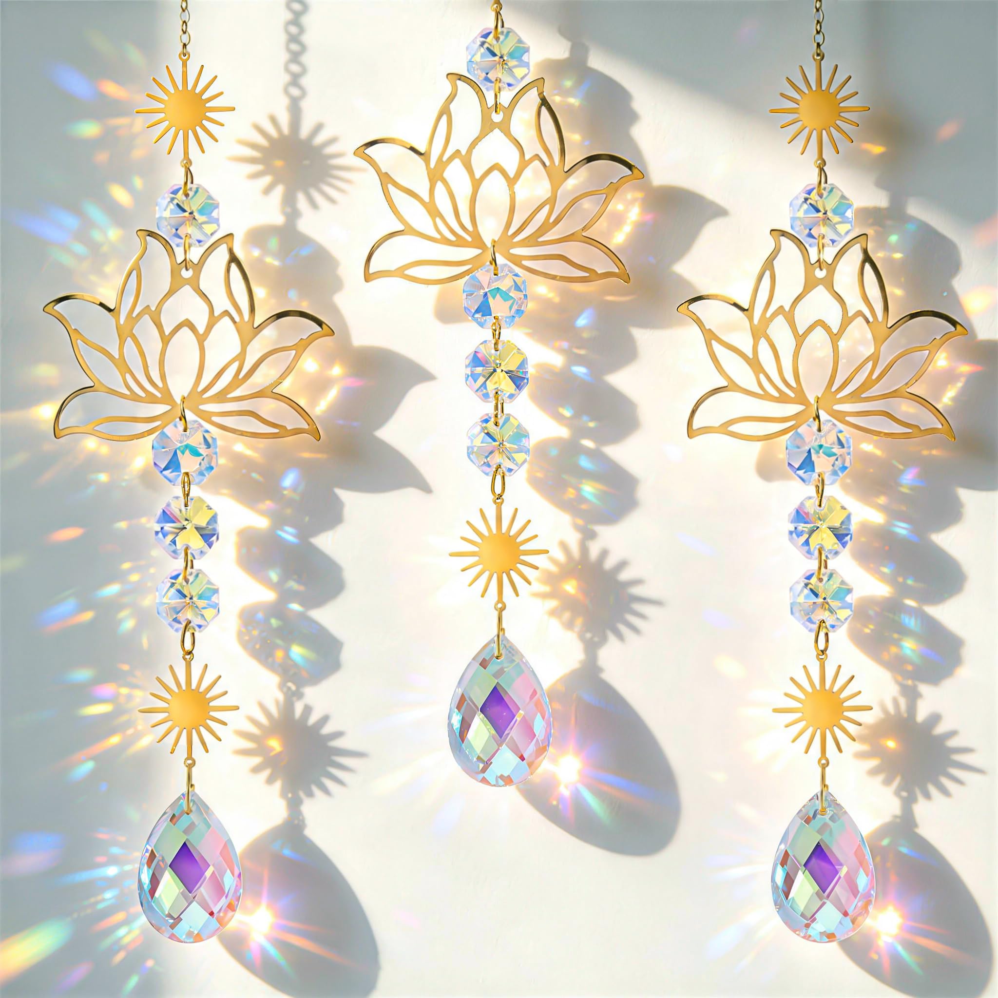 3 Piezas Atrapasol de Cristal Loto, Adorno de Ventana de Cristal de Prisma de Colores, Arcoíris Prisma de Bola de Cristal, Adecuado como Regalo, Se Puede Colgar en Ventanas, Paredes, Porches, Jardines