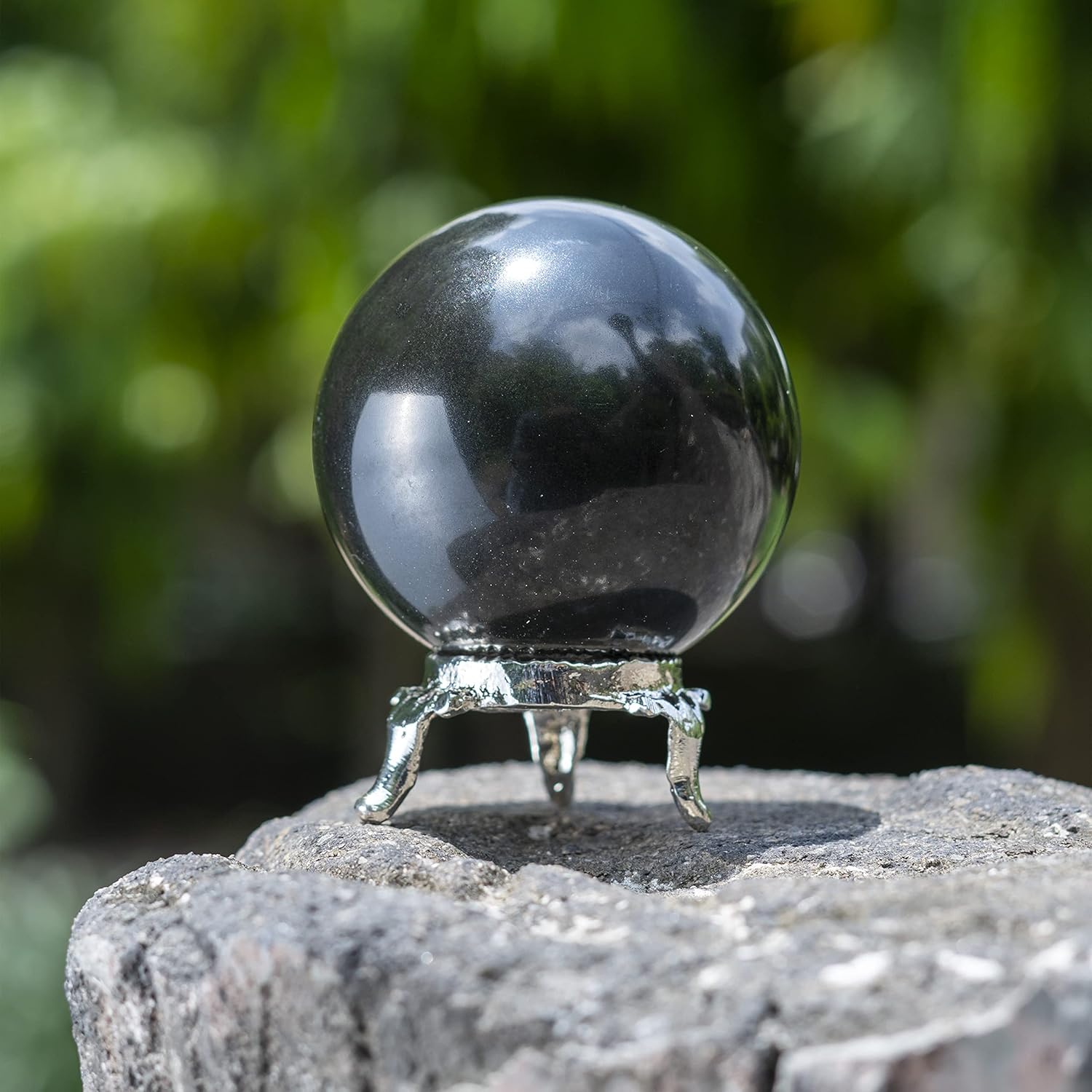Crocon 55mm Black Obsidian Stone Sphere Ball with Metal Stand 1400+ Carats Gemstone Ball Healing Sphere Sculpture Figurine for Fengshui Divination Home Decoration Crystal Sphere