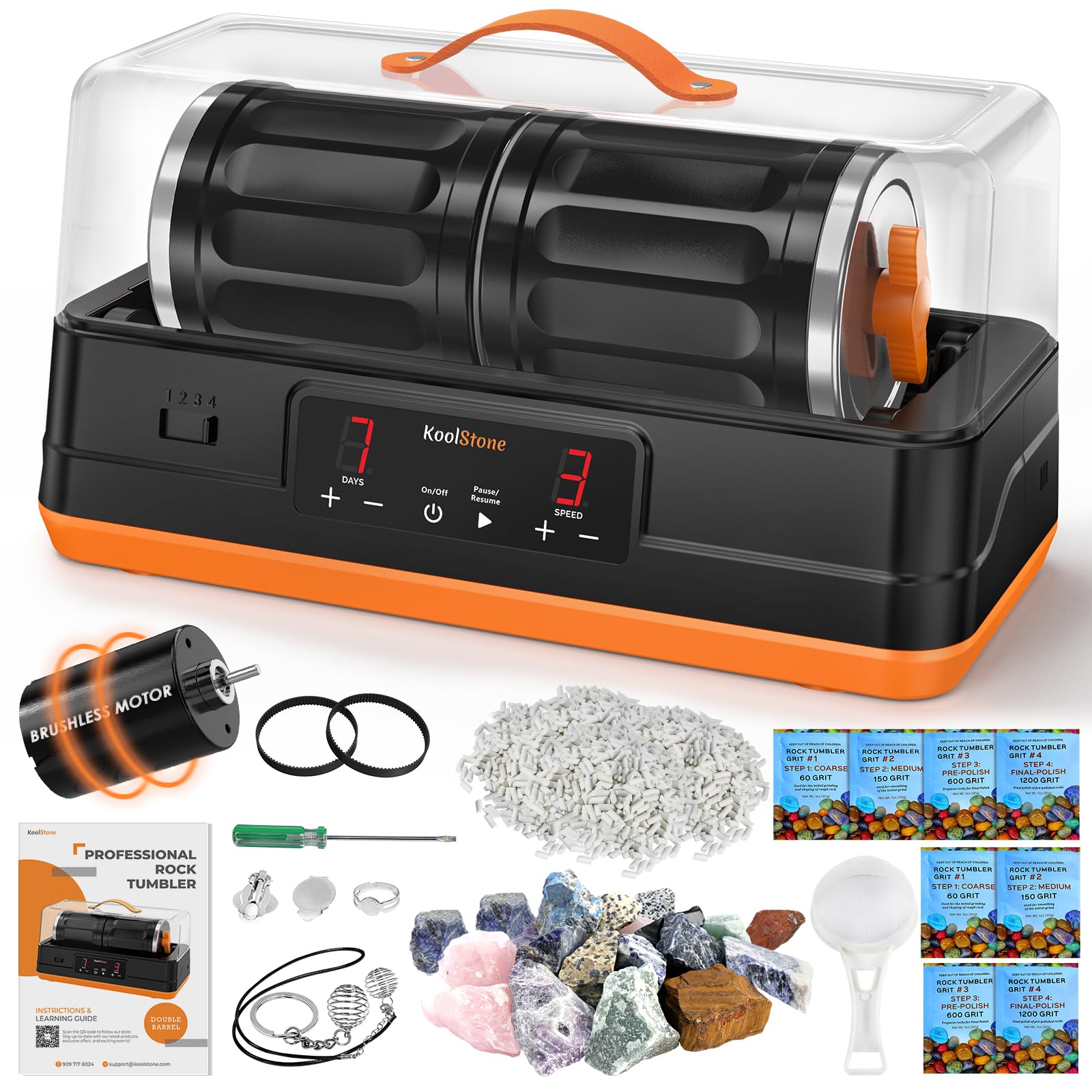 C1 Pro Ultra Brushless Rock Tumbler Kit - Double Barrel for Extra Large 7LB Capacity, Up to 6X More Noise Cancelling, Quiet Rotary Polisher with Full Accessories, Professional Edition for Adults
