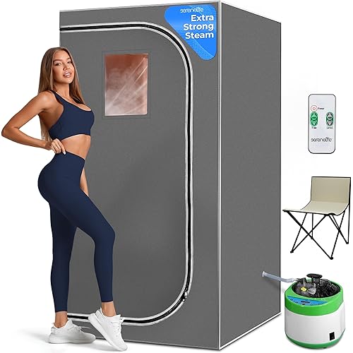 SereneLife Portable Full Size Home Spa| One Person Sauna | with Heating Foot Pad and Portable Chair (Steam Gray)