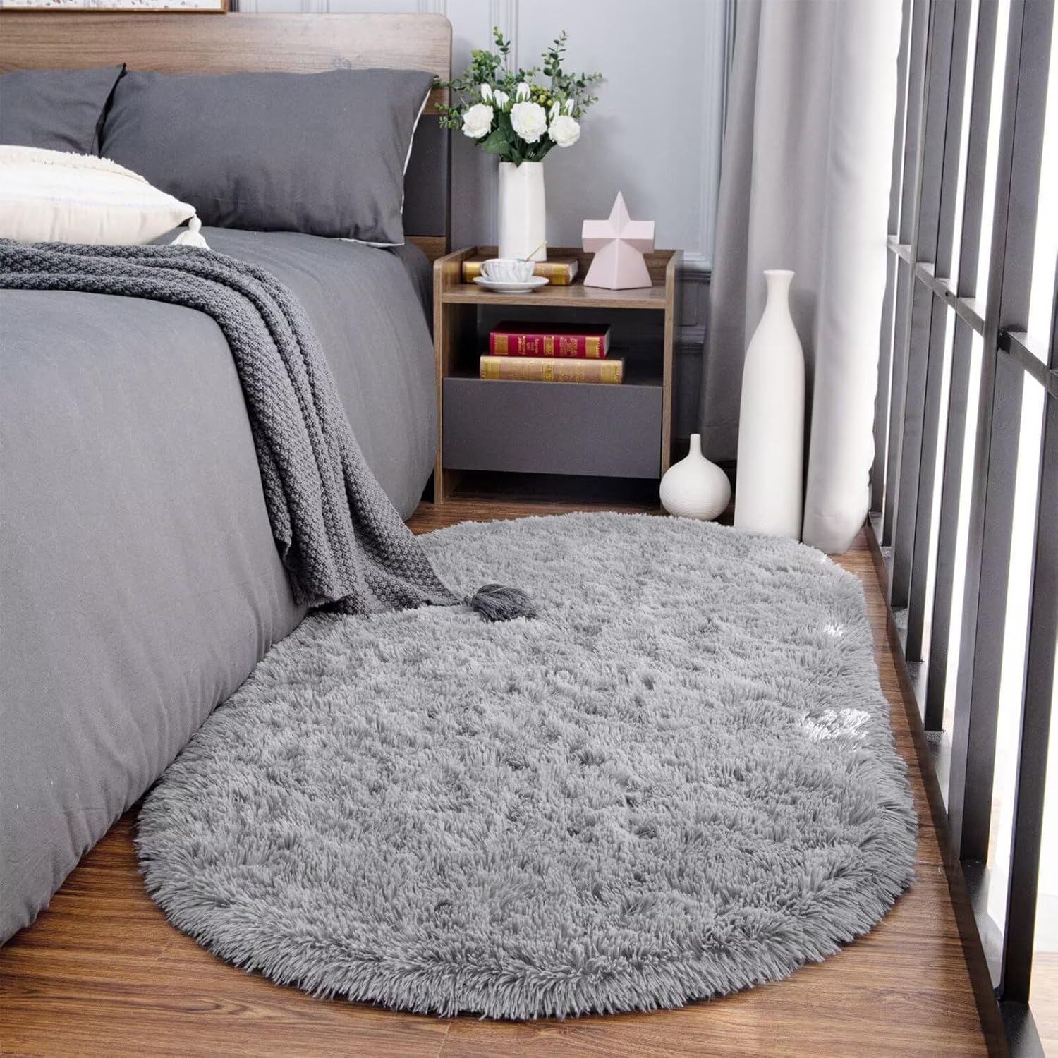 Noahas Fluffy Grey Rugs for Bedroom Living Room,3.3'X6.2' Oval Throw Rug for Kids Room,Shag Hallway Runner Rug,Small Soft Shaggy Bedside Non-Slip Plush Nursery Dorm Carpet Home Decor Aesthetic