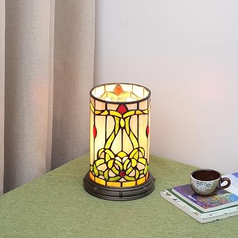 Tiffany Style Stained Glass Matam Table Lamp Living Room Bedroom Bedside Flower Vase Decor Small Night Light Cute Kids Accent E12 Led Cottage Aesthetic Nightstand Cylinder Vintage Desk Lamp [Energy Class F]