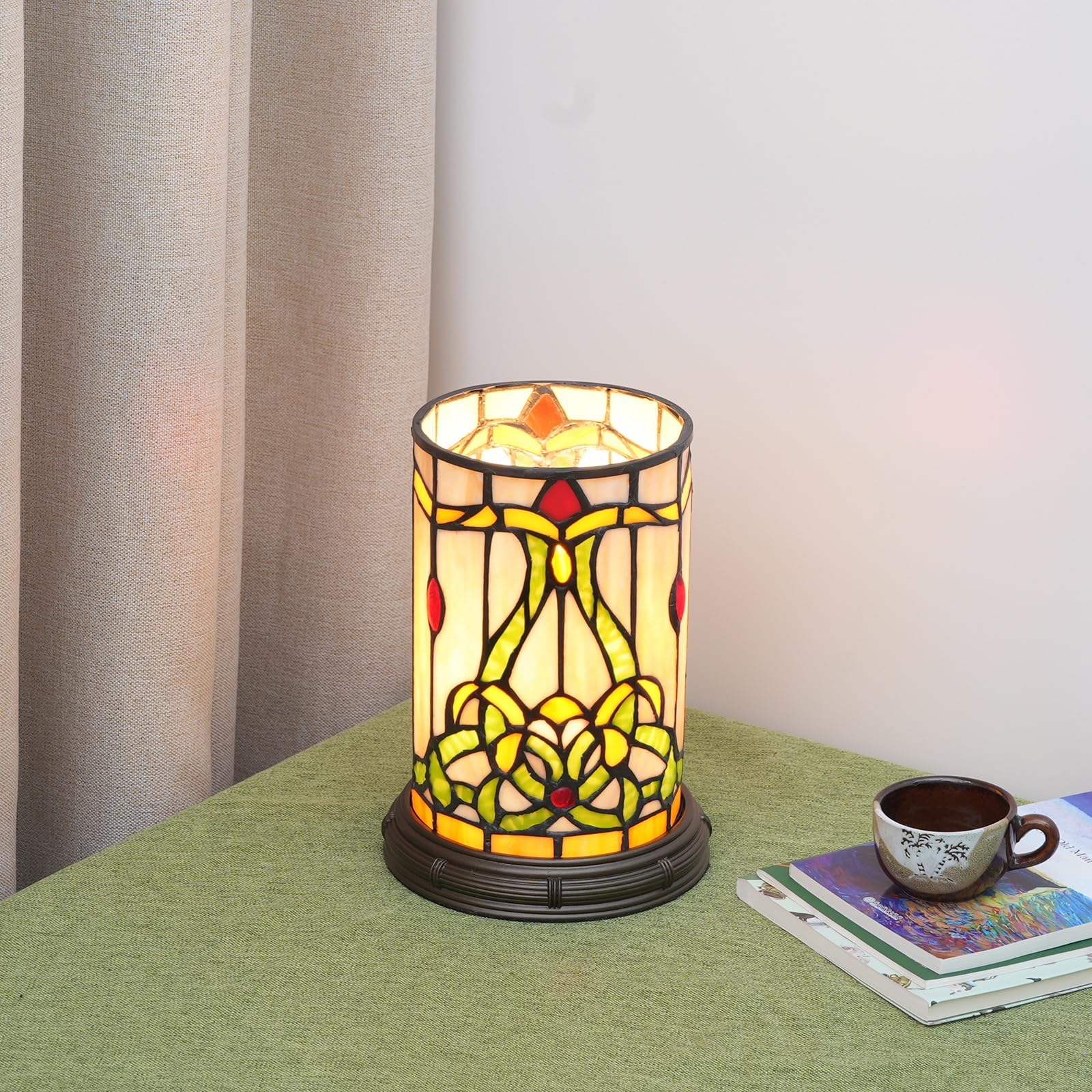 Tiffany styl matam witrażowa lampa stołowa do salonu, sypialni, stolik nocny, wazon, dekoracja, mała lampka nocna, urocza lampka dla dzieci, akcent, LED, cylindryczna, vintage, lampa biurkowa