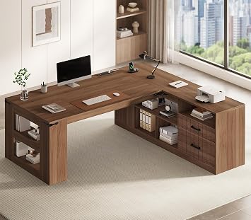 71" Executive Desk, Large Office Desk with Drawers & Power Outlets, L Shaped Computer Desk with Storage Shelves & Lateral File Cabinet, Modern Corner Desk, Business Furniture Workstation Walnut