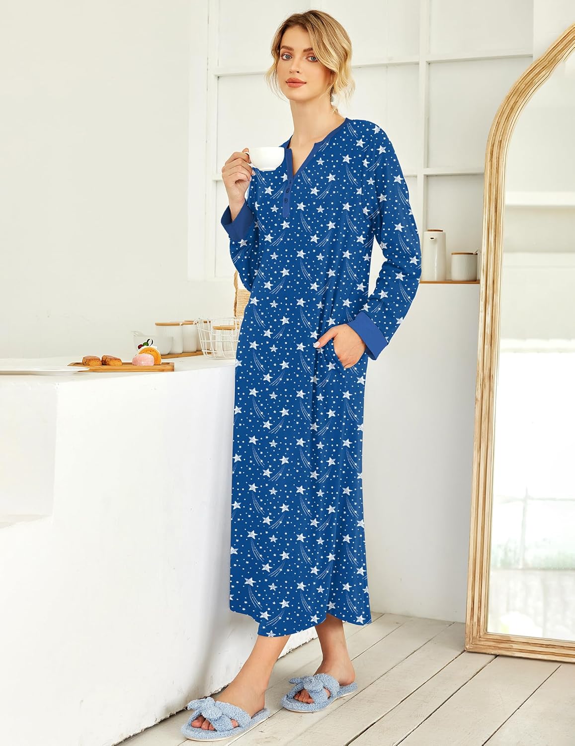 Ekouaer Womens Nightgown Long Loungewear V Neck Nightshirt Sleepwear Full Length Sleepshirt with Pockets - Image 4