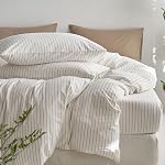 MooMee Ensemble de Housse de Couette Rayée 100% Coton Lavé Comme Lin Taille Queen | Texture Relaxée Comme Lin. Doux, Respirant et Confort Durable. Léger. Fermeture Éclair Cachée avec 8 Liens Intérieurs