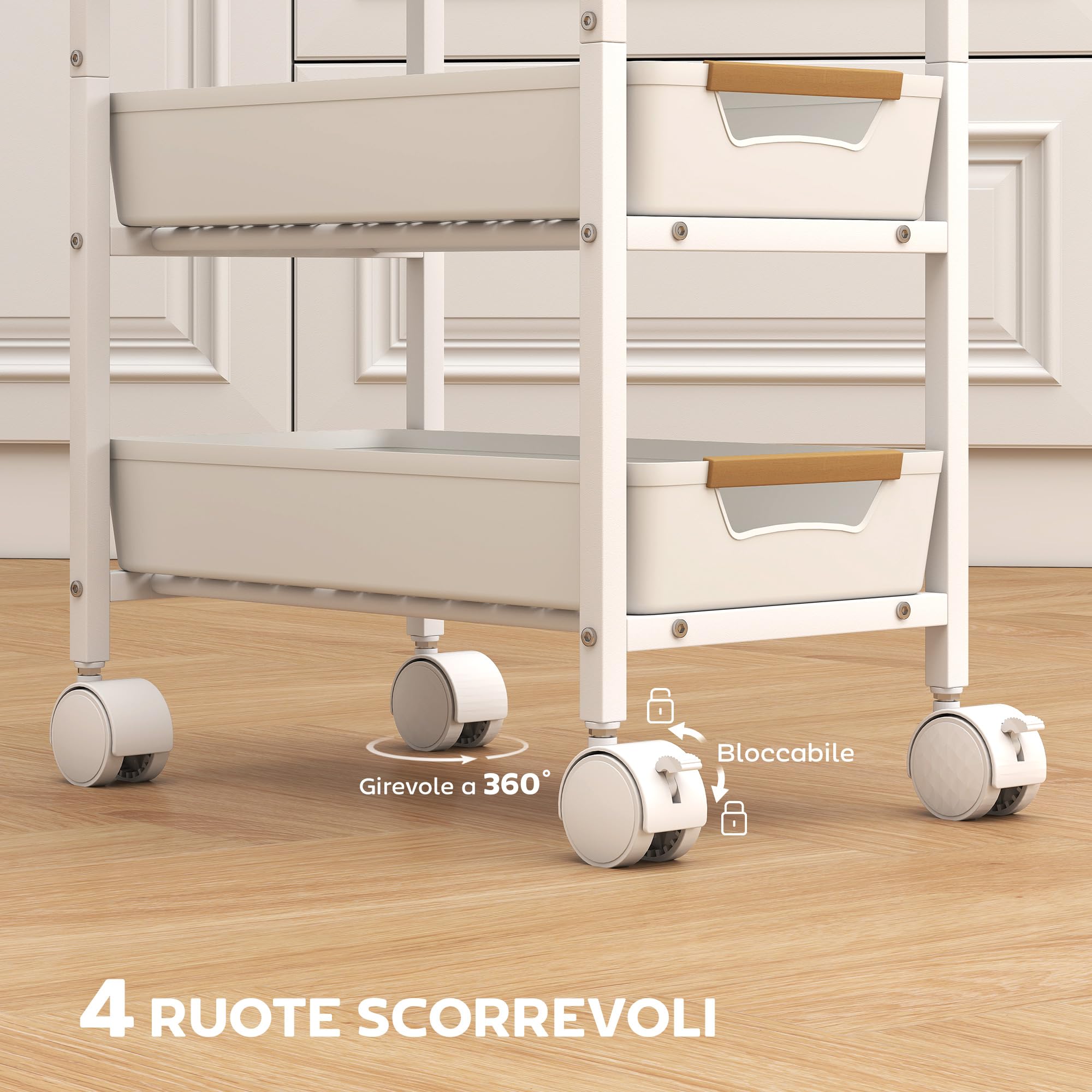 HOMCOM Carrello Cucina 5 Livelli 4 Cassetti 39.5x24x82 cm Bianco e Rovere | Estraibili, 4 Rotelle, Carrello Portavivande Salvaspazio, Metallo PP e Legno