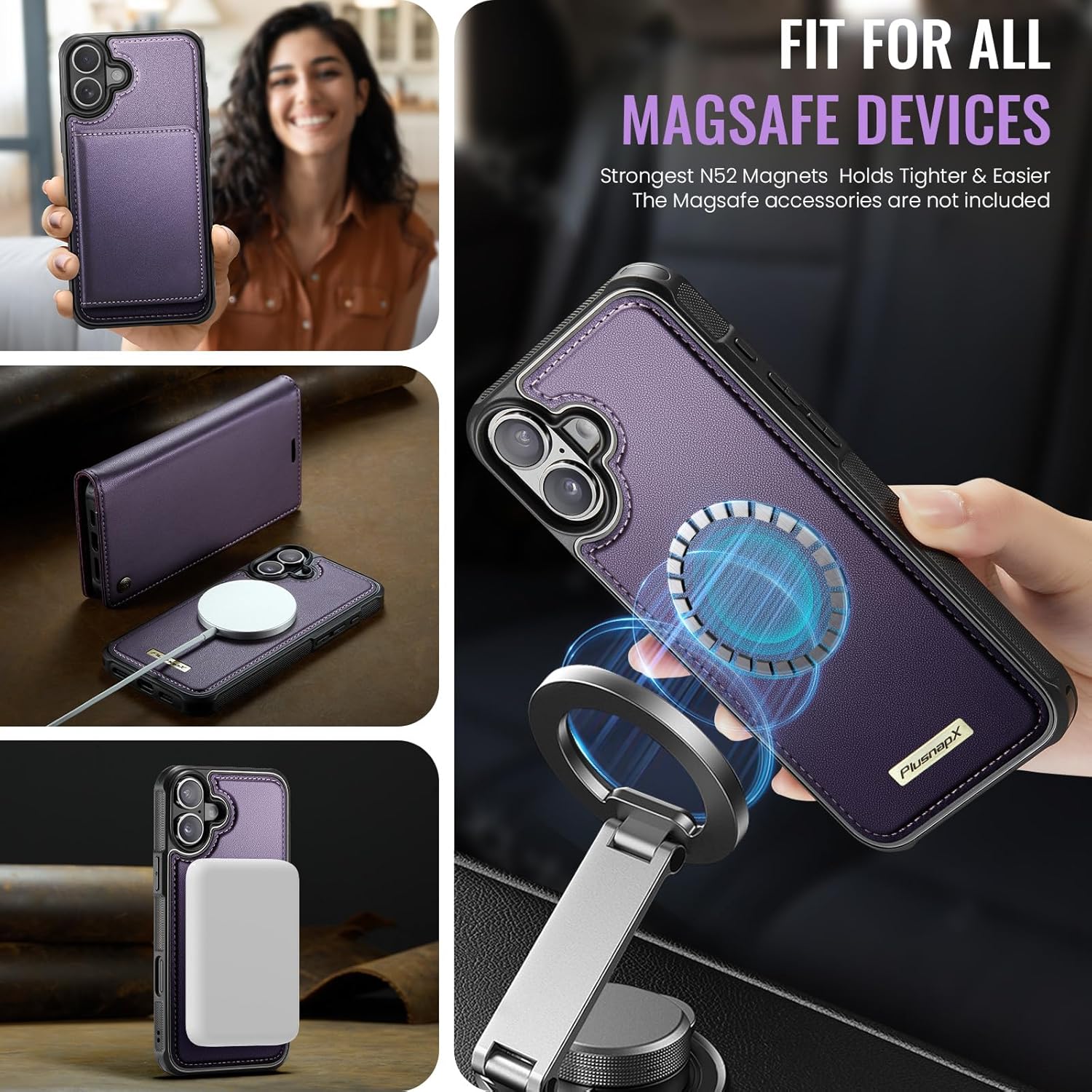 Wallet Case for iPhone 17 Compatible with Magsafe, 2-in-1 PU Leather Flip RFID Blocking Card Holder Stand Shockproof Magnetic Detachable Cover for iPhone 17 Case 6.3", Fashion Purple - Image 3