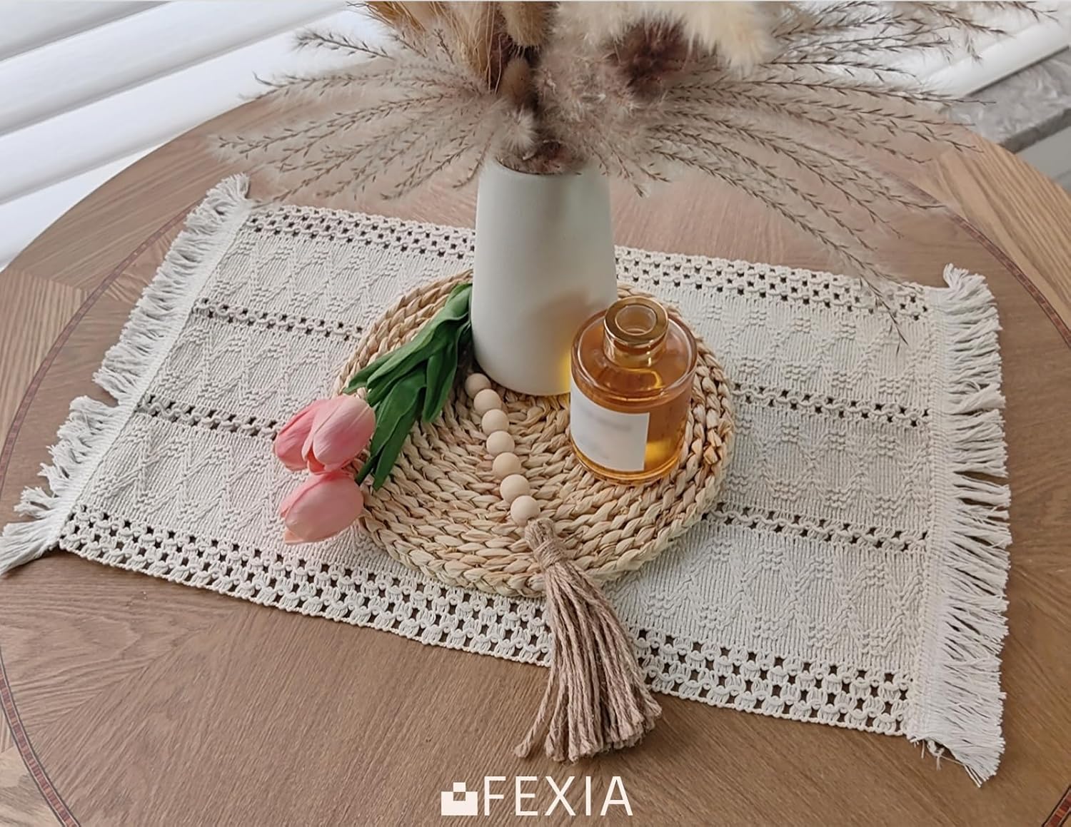 FEXIA Macrame Cream Table Runner and Placemats Set of 6 for Home Decor Farmhouse Decor