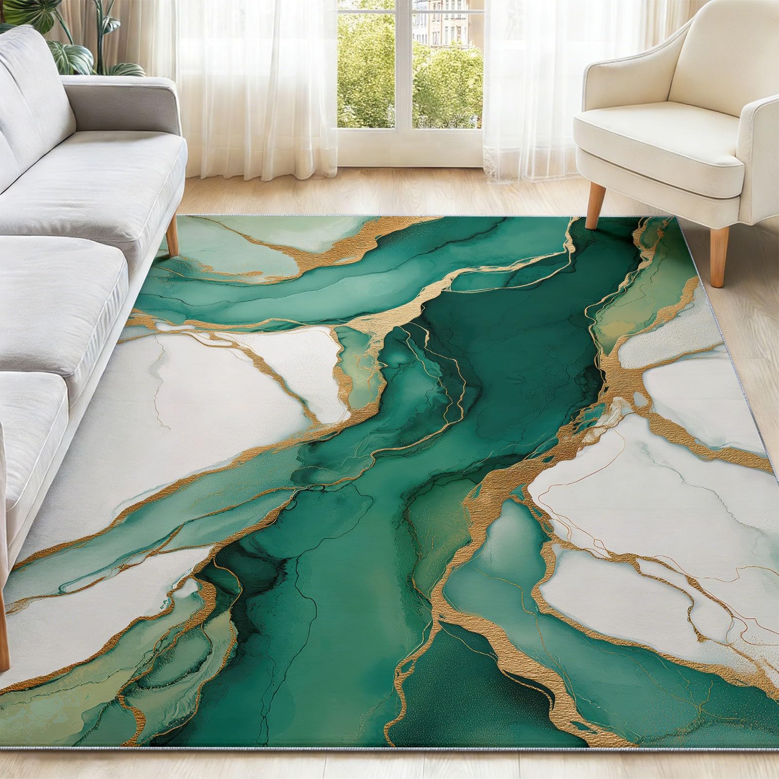 Dywan do salonu, można prać w pralce, dywan 160 x 230 cm, dywan antypoślizgowy, marmur Gold River, niskie runo, nie gubi włosia, nadruk, do jadalni, domu, biura, sypialni