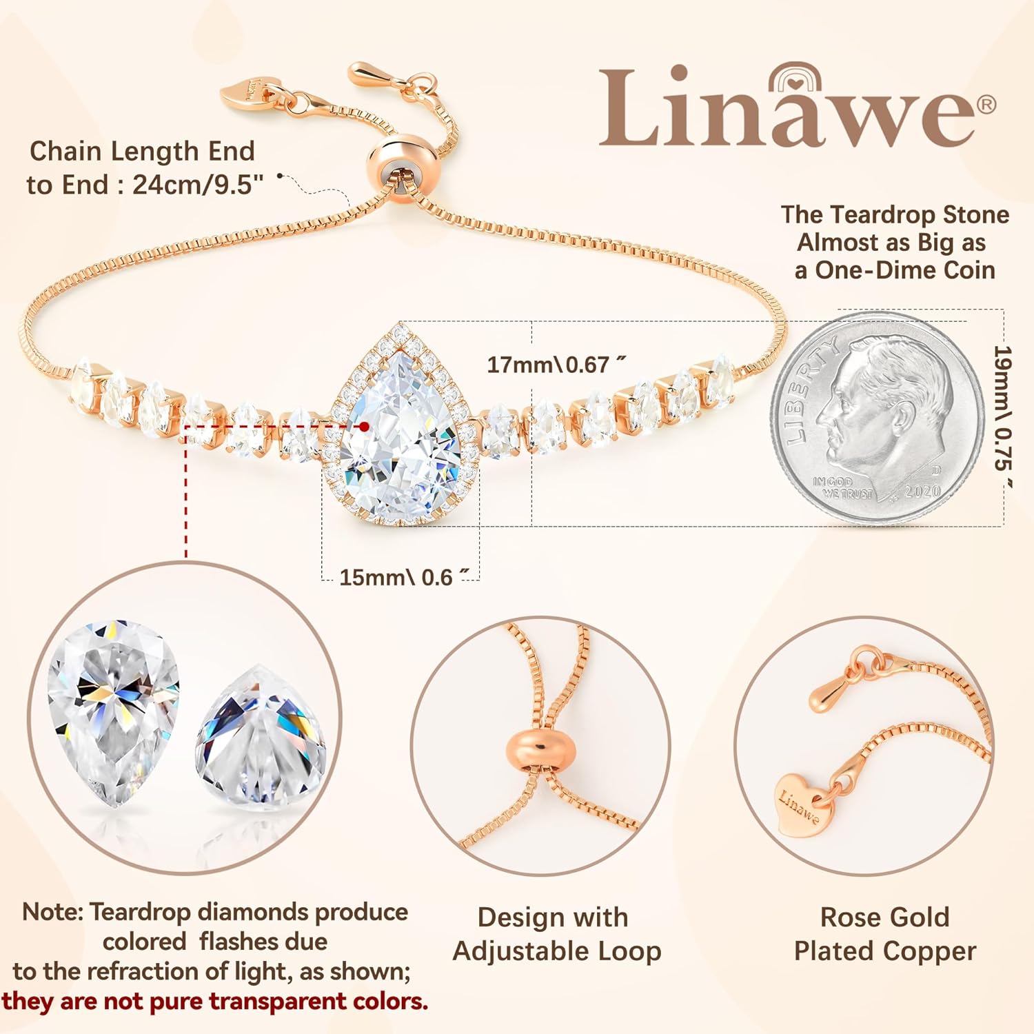 Linawe Crystal Imitation Diamond Rhinestone Charm Bracelets for Women, Gold/Silver/Rose Gold Adjustable Chain Bracelet, Teardrop Birthstone Cubic Zirconia Prom Costume Wedding Jewelry - Image 2