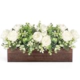 Dahey Centerpiece Table Decorations for Dining Room Farmhouse Living Room Table Centerpieces Decor Wood Tray with 3 Artificial Flowers and 2 Eucalyptus for Kitchen Table, 14.1" x 4.7" x 3.1", White