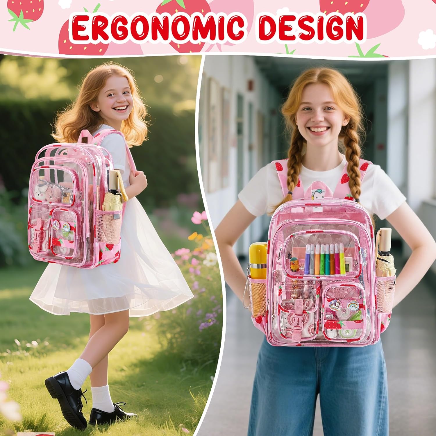 Clear Backpack for Kids, Strawberry Backpack for Girls, Water-Resistant See Through Bookbag with Chest Strap for Preschool Kindergarten College Travel Stadium Work Concert - Image 7