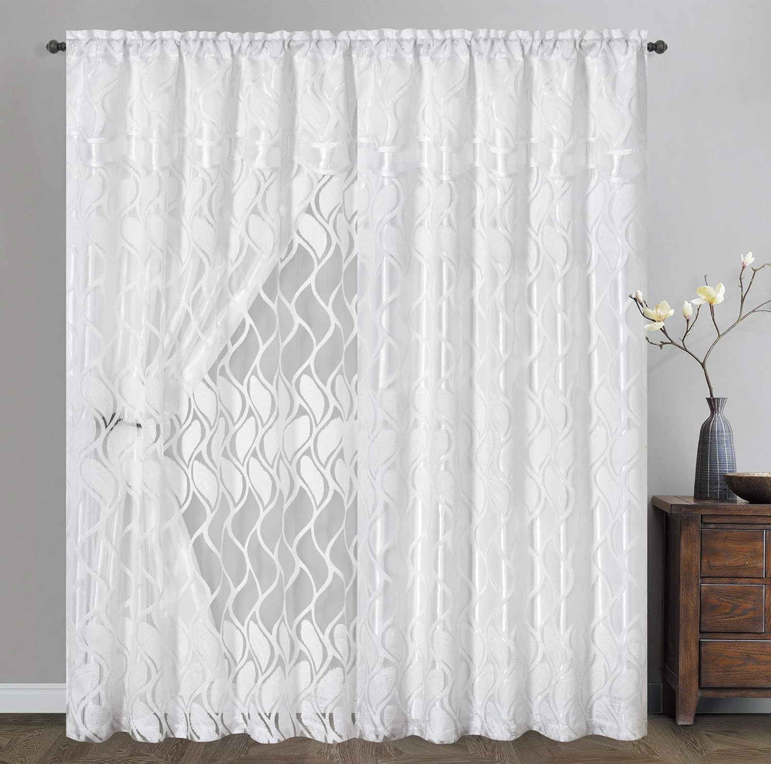GOHD Light Grace. Clipped Voile, Voile Jacquard Window Curtain Panel Drape with Attached Double Valance and Taffeta Backing. 2pcs Set. Each pc 54 inches Wide x 84 inches Drop + Valance. (Snow)