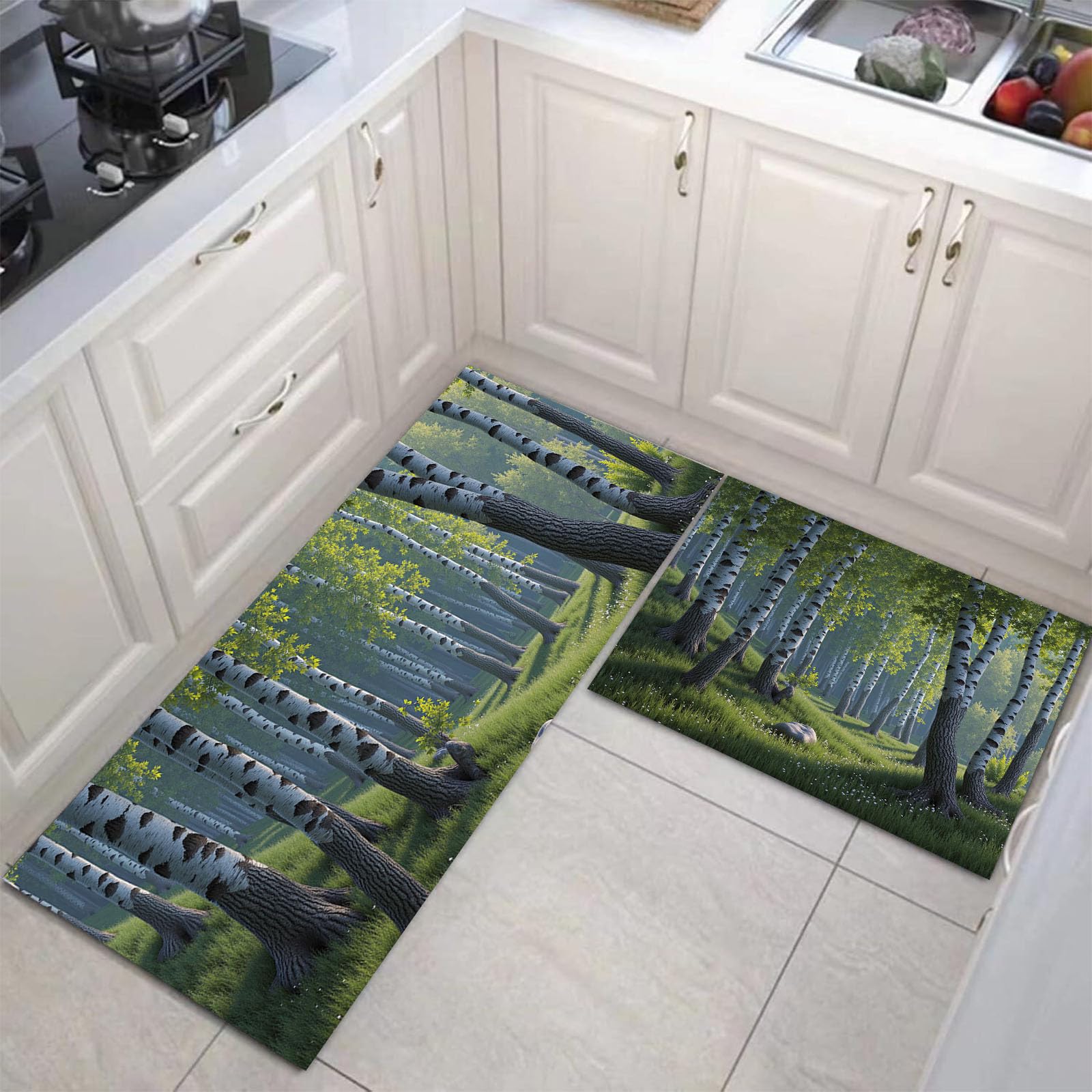 Tapis cuisine antiderapant lavable en lot de 2 style foret de bouleaux