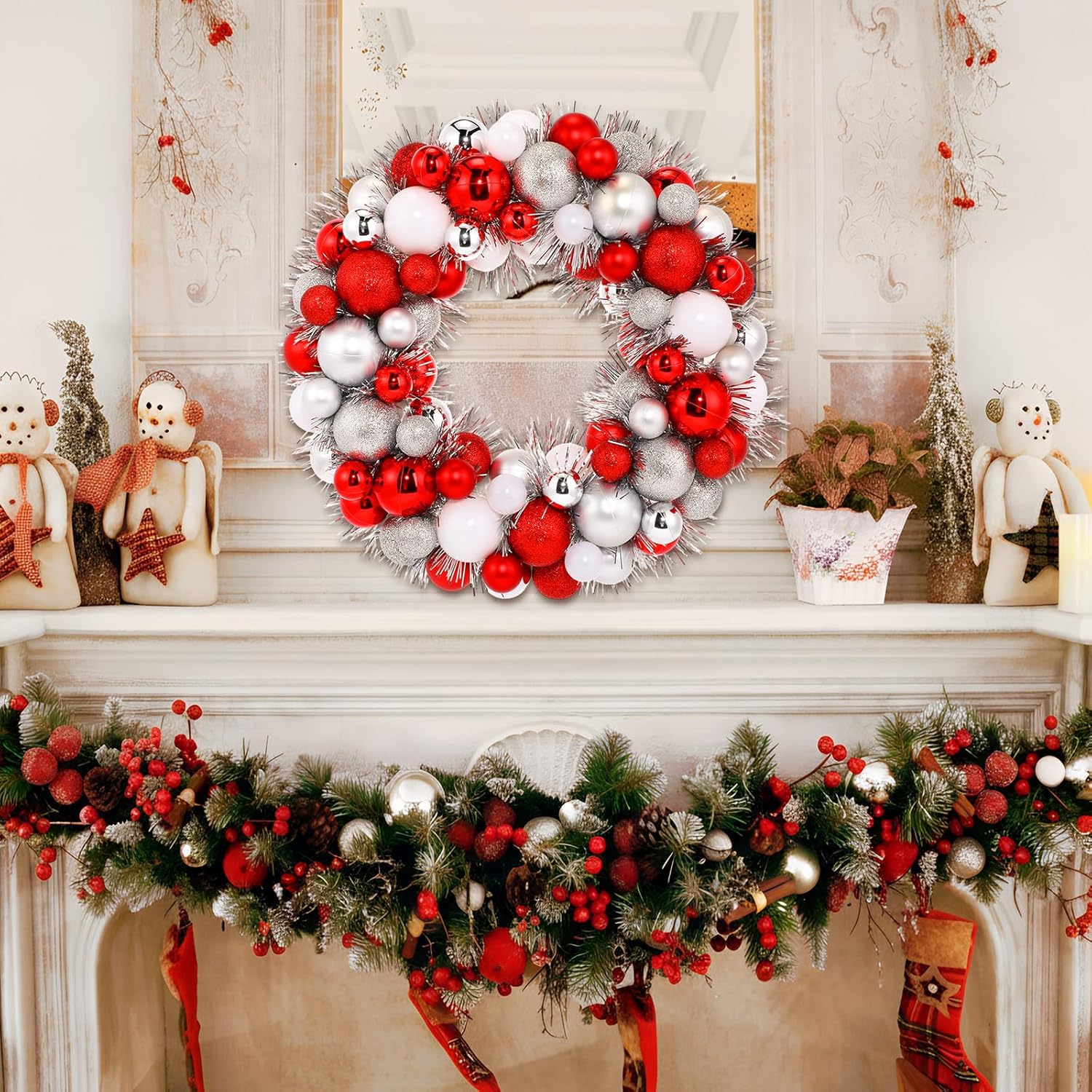 14 Inch Christmas Ball Fireplace Tabletop Christmas Decorations Xmas Decorative Ball Ornaments Centerpiece Decor Holiday Table Decorations for Party Decor(Red White Silver)