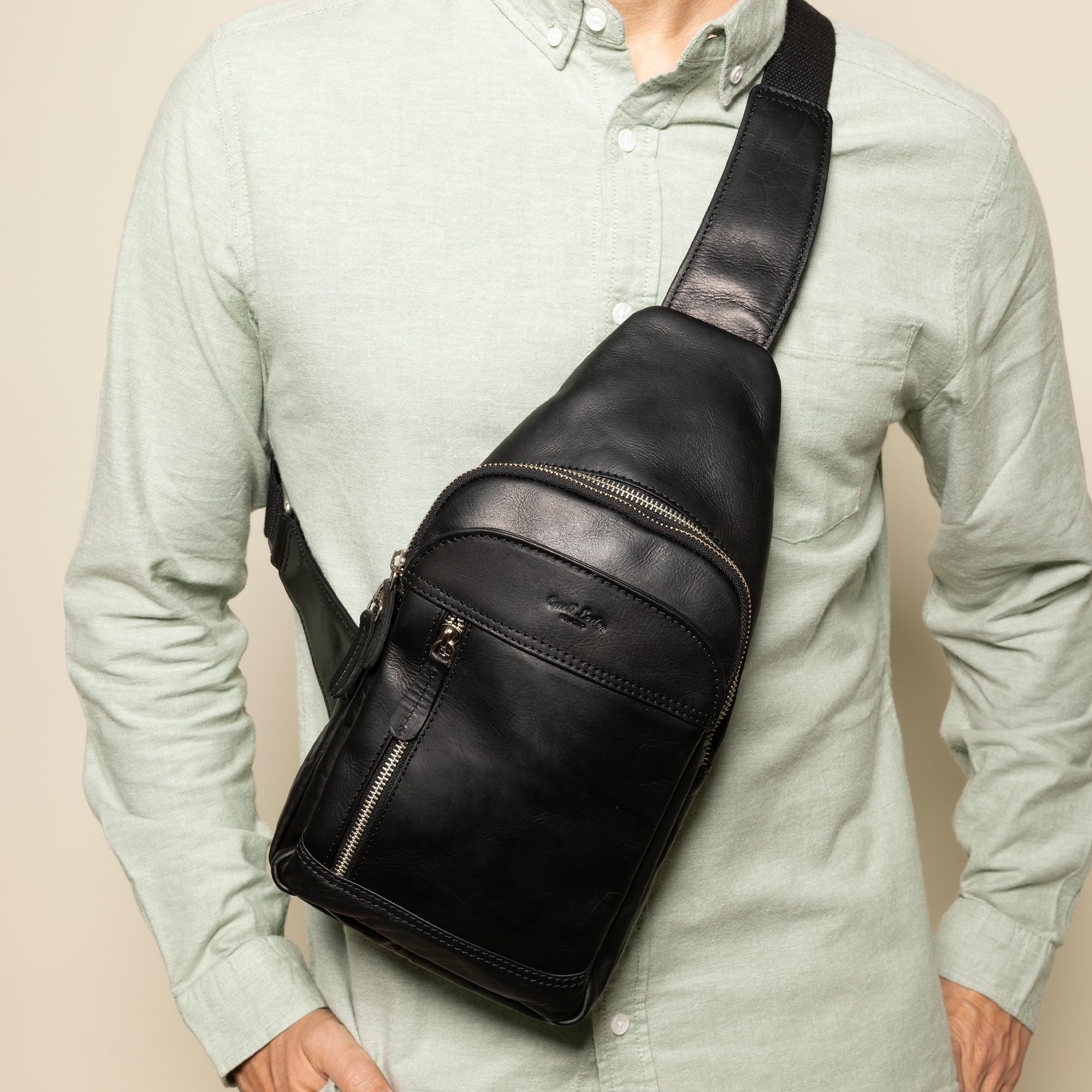 Gusti Sac en Cuir Azon Tannage végétal Sac Banane Sac ventral Sac en Cuir Slingpack Noir