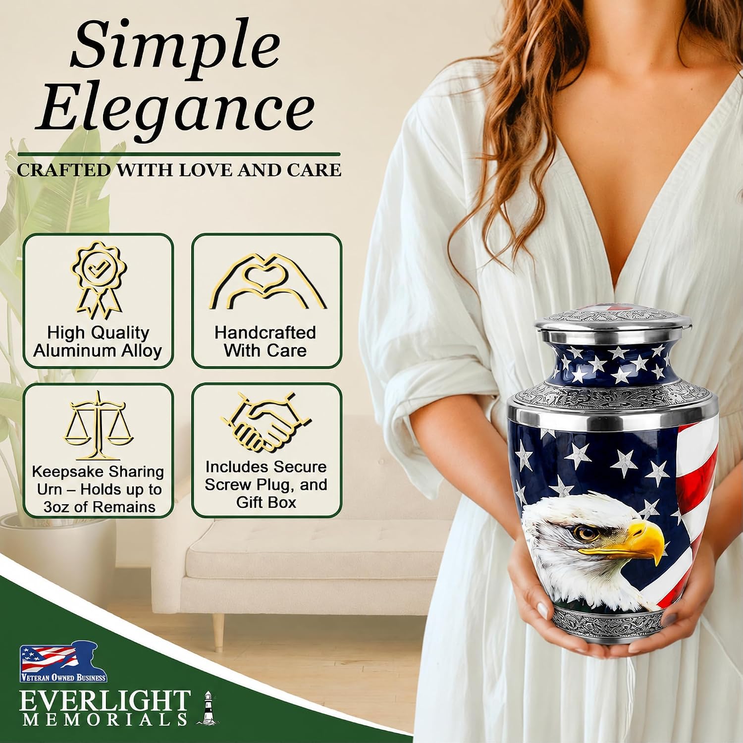 American Eagle Urn for Ashes Adult Male – Large Patriotic Cremation Urns for Human Ashes Adult Man & Women – Memorial Funeral Urn for Home Display, or Burial