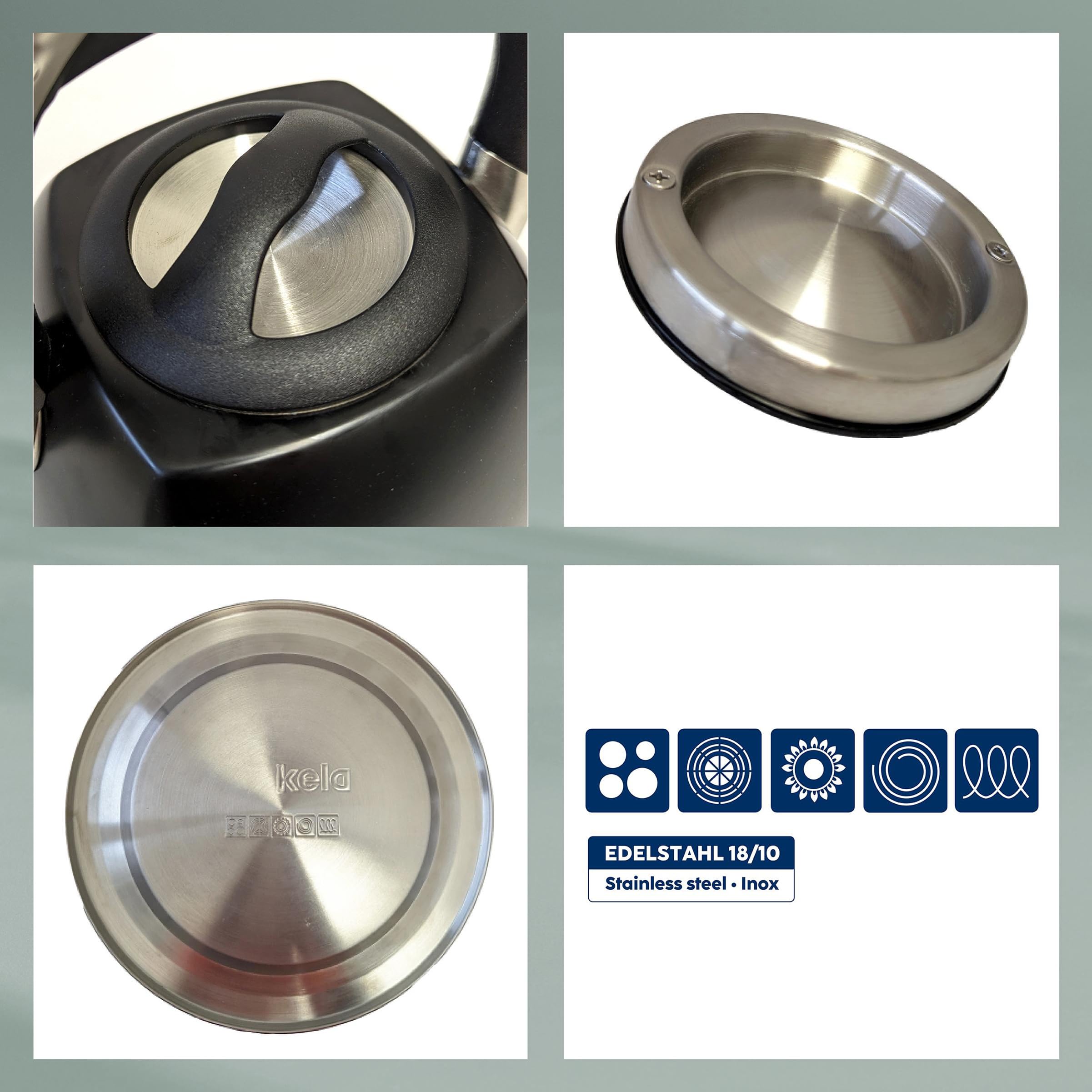 kela Bouilloire à induction 2,4L, Bouilloire à flûte en acier inoxydable, pour tous les types de cuisinières, avec ouverture sécurisée du couvercle verseur par bouton-poussoir, VITUS, noire mate