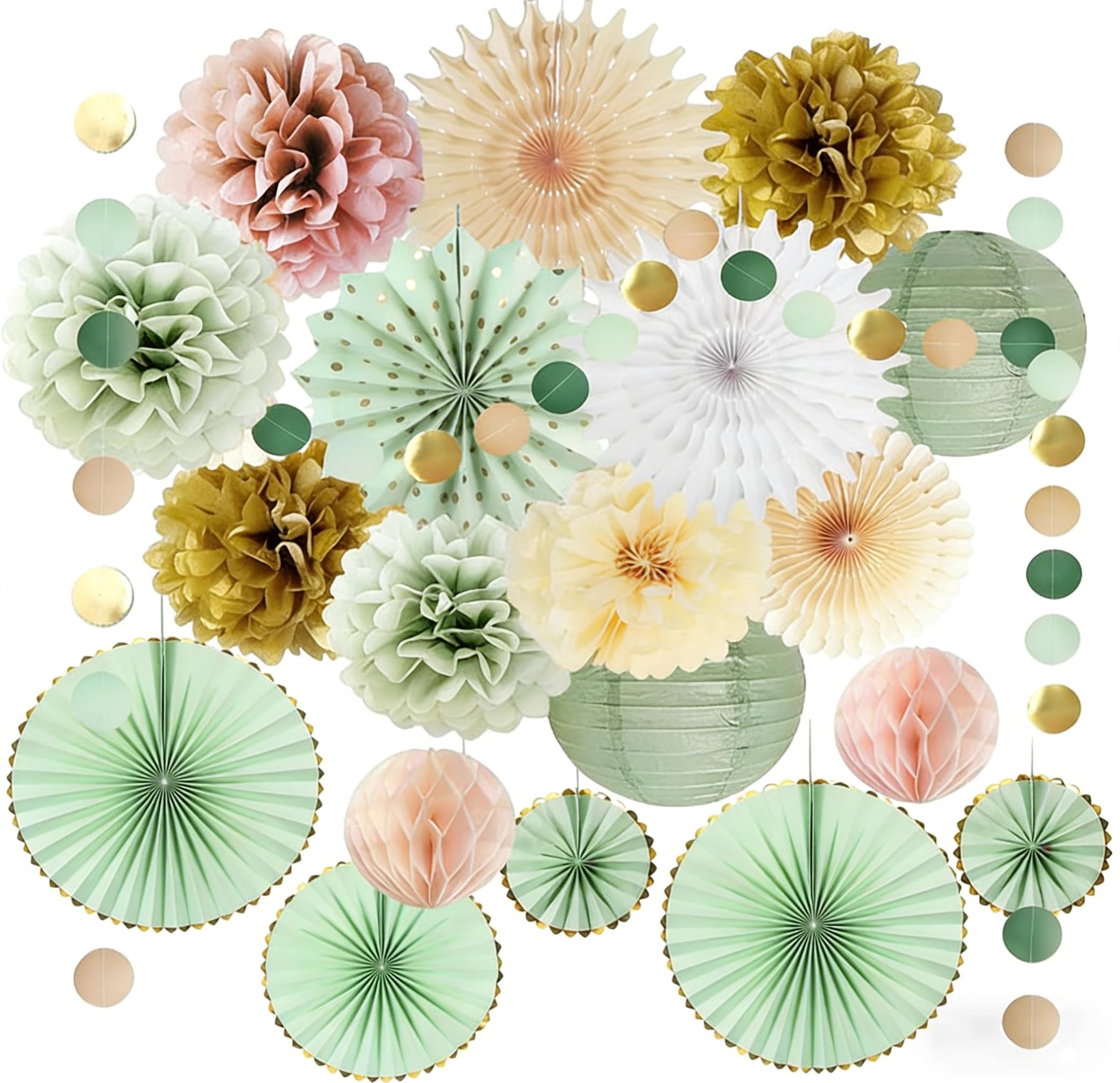 Aupawdy Sage Green and Dusty Rose Adult Party Decorations Paper Lanterns Sage Green and Dusty Pink Party Decorations Beige Olive Pom Poms Cream Kit for Birthday Wedding Engagement Hen