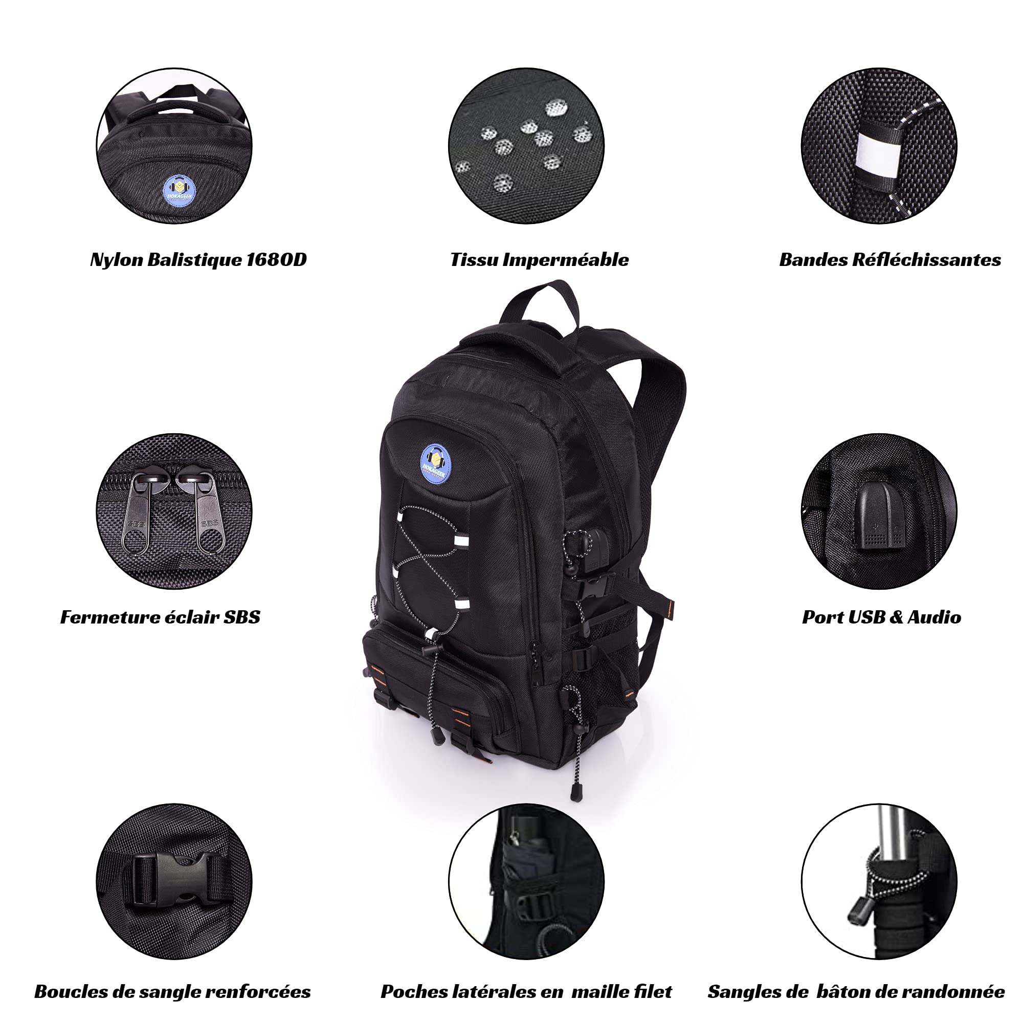 HOKAGEEK JIGEN Zaino per computer portatile da 17,3" 45L con porta USB e jack audio per business da viaggio escursionismo multifunzione, Nero , L 52 X l 34 X P 22 cm (20.4 X 13.3 X 8.6 In), Zaino da