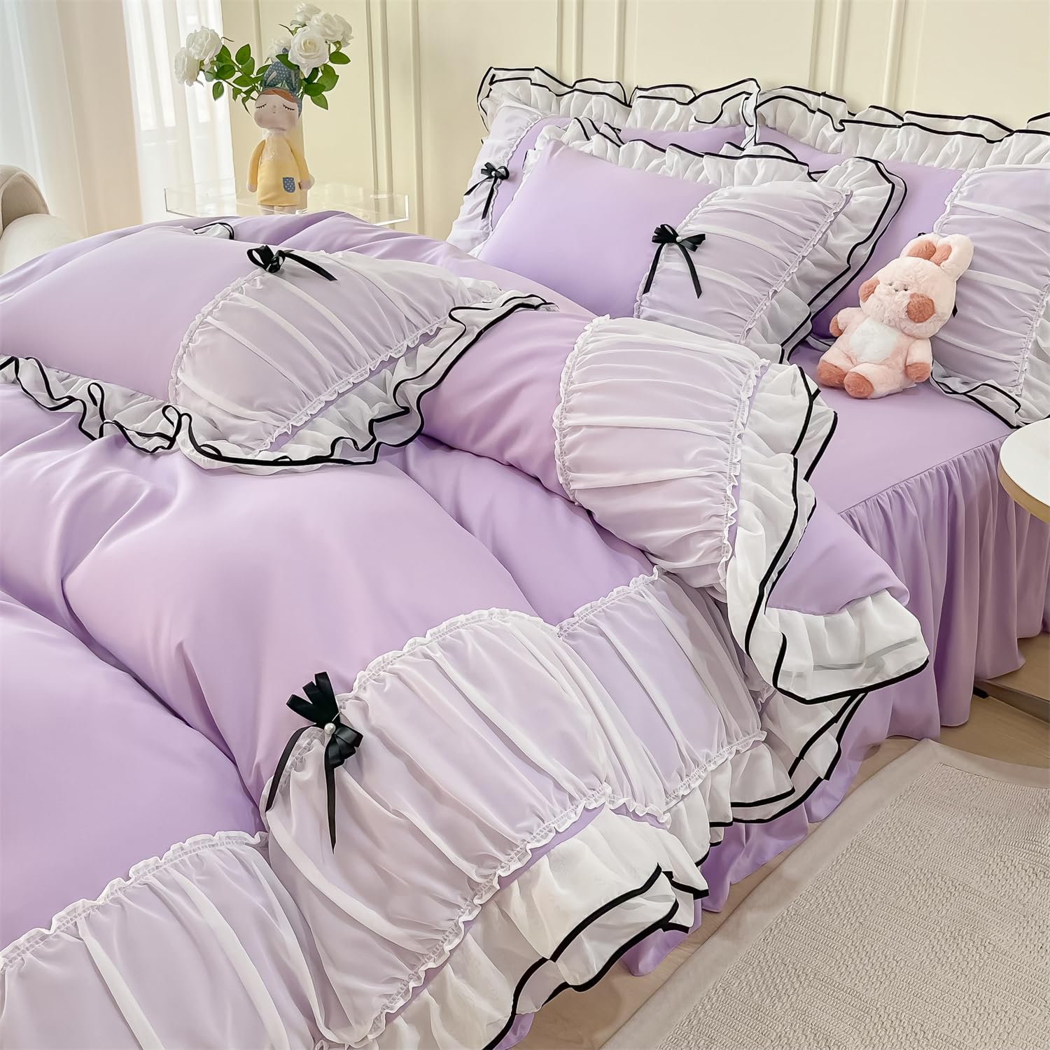 Funda de edredón Queen con volantes de 3 piezas y lazos con cremallera para cama de niña