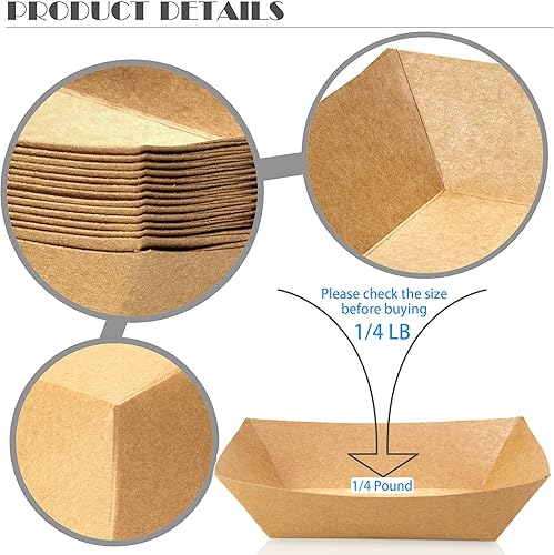 Miniatura 3 de MotBach Paquete de 200 bandejas pequeñas de papel para alimentos, barcos desechables de papel kraft de 0.25 libras, marrón, bandejas para servir