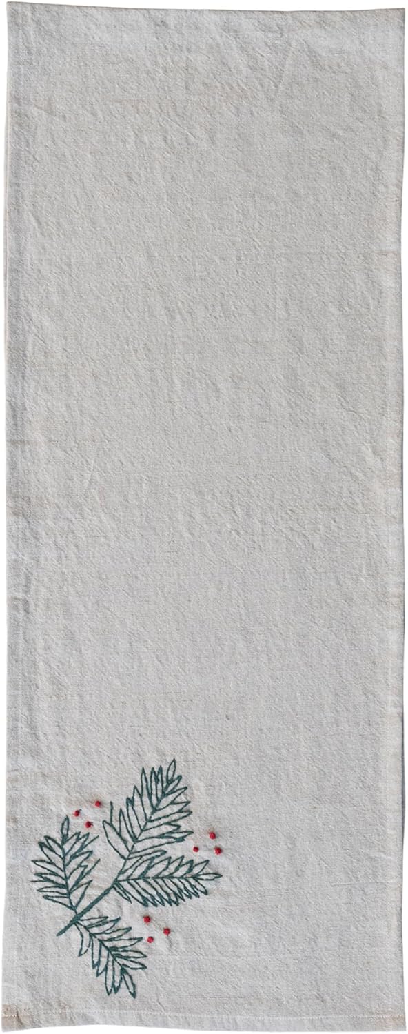 Creative Co-Op Woven Cotton and Linen Table Runner with Hand-Embroidered Holly and French Knots, Natural, Green and Red