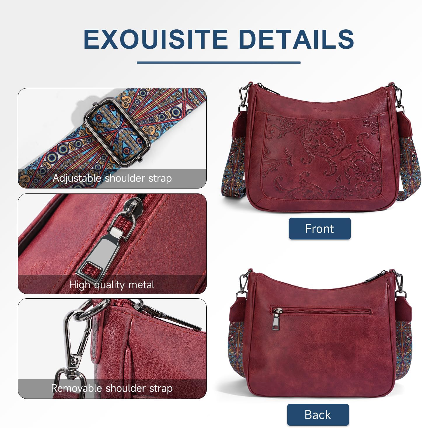 Crossbody Bags for Women,Vegan Leather Crossbody Purse with Adjustable Strap Embossed Flower Women's Shoulder Handbags | Medium, Trendy, Multi Pocket, Hobo Purse, Wide Guitar Strap, Lightweight - Image 6