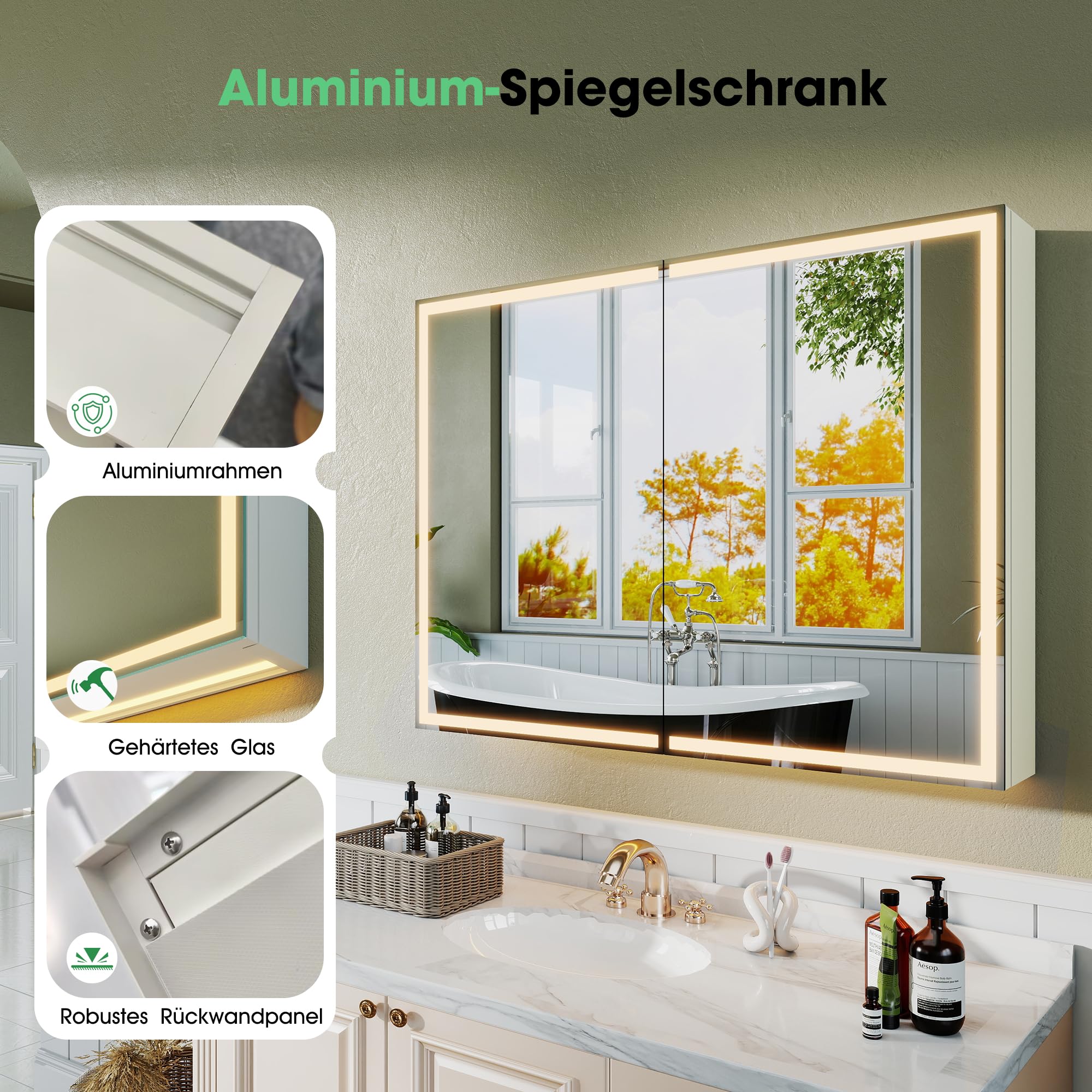 S'bagno Spiegelschrank Bad Mit Beleuchtung 60x80cm, Badezimmer Spiegelschrank, Aluminium Alibertschrank Bad, Entfoggen, 3 Farben, Dimmbar, Speicherfunktion, HD Gehärtetes Glas, IP44, Weiß