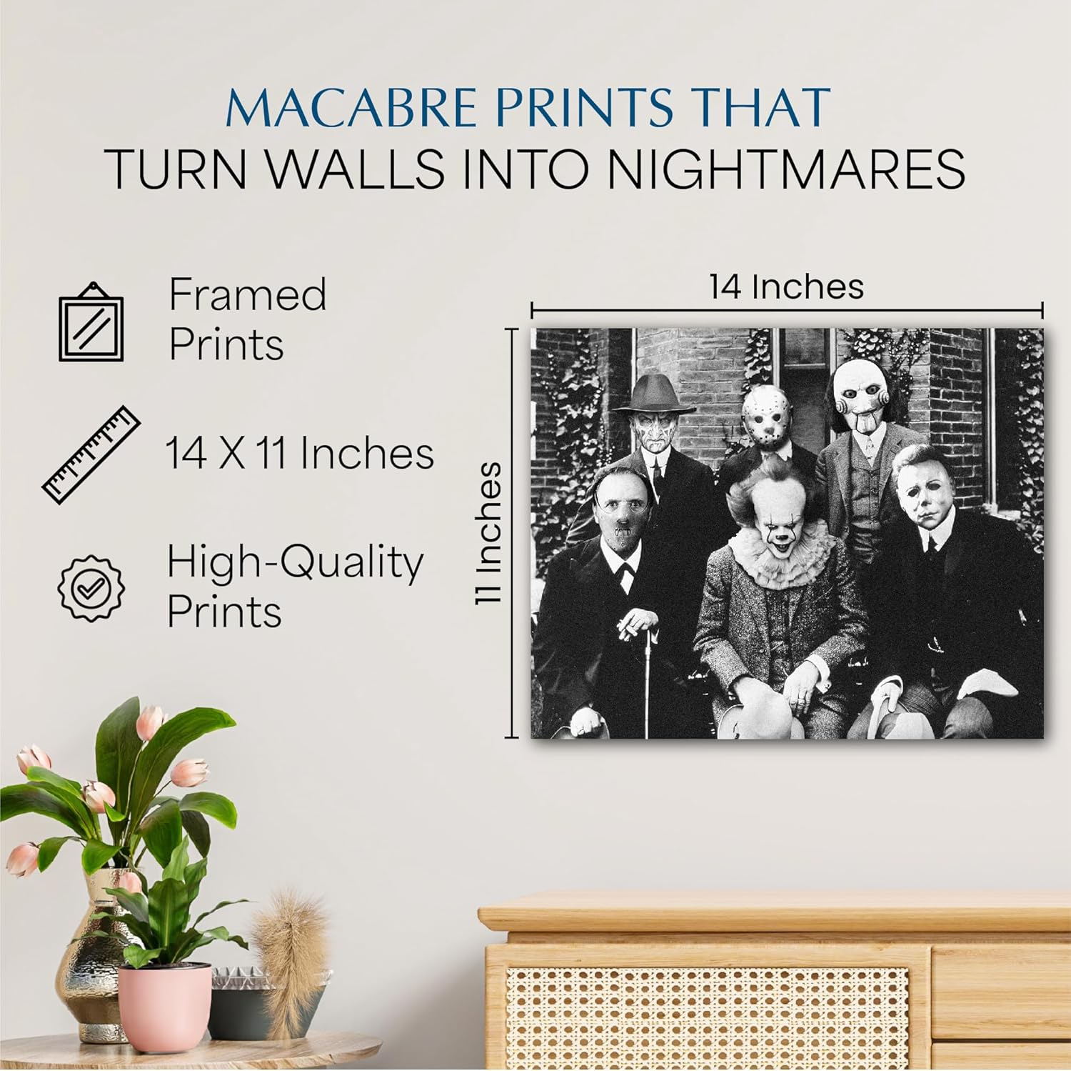 Halloween Groupie – Spooky Horror Movie Villains Wall Art Decor, Rustic Scary Movie Poster Print for Home, Office, Studio & Dorm (Black Framed, 14 x 11 inches)