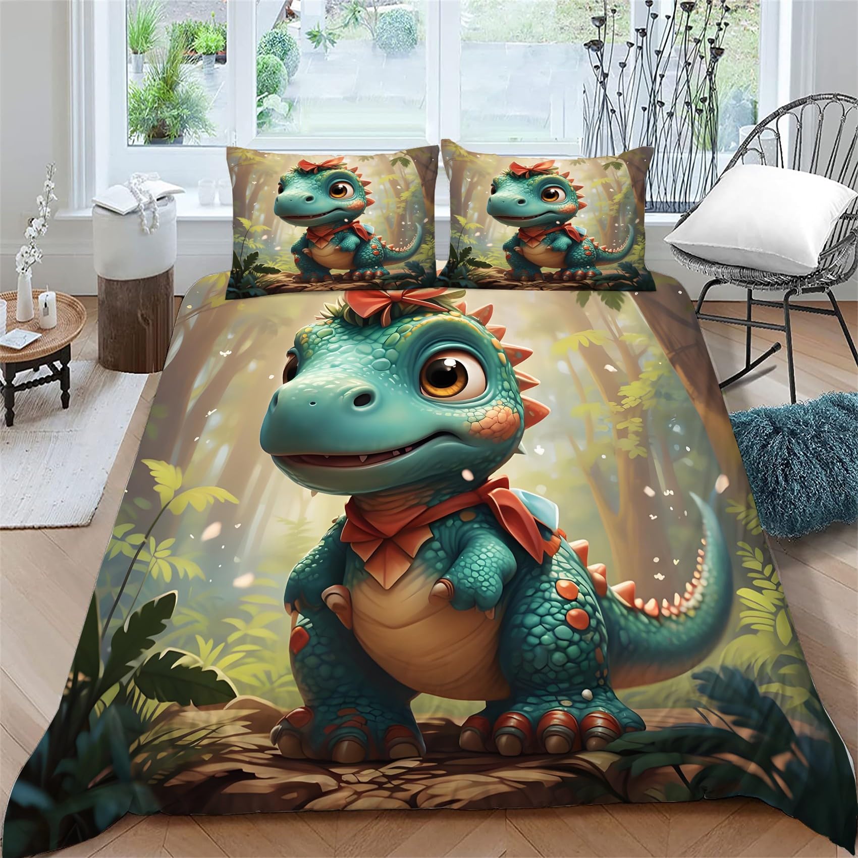 Niebiesko-zielony dinozaur poszwa na kołdrę 260x240cm, zielone rośliny zestaw pościeli, 3-częściowy zestaw miękkiej i oddychającej mikrofibry, 2 poszewki na poduszki 50 x 75 cm AN282