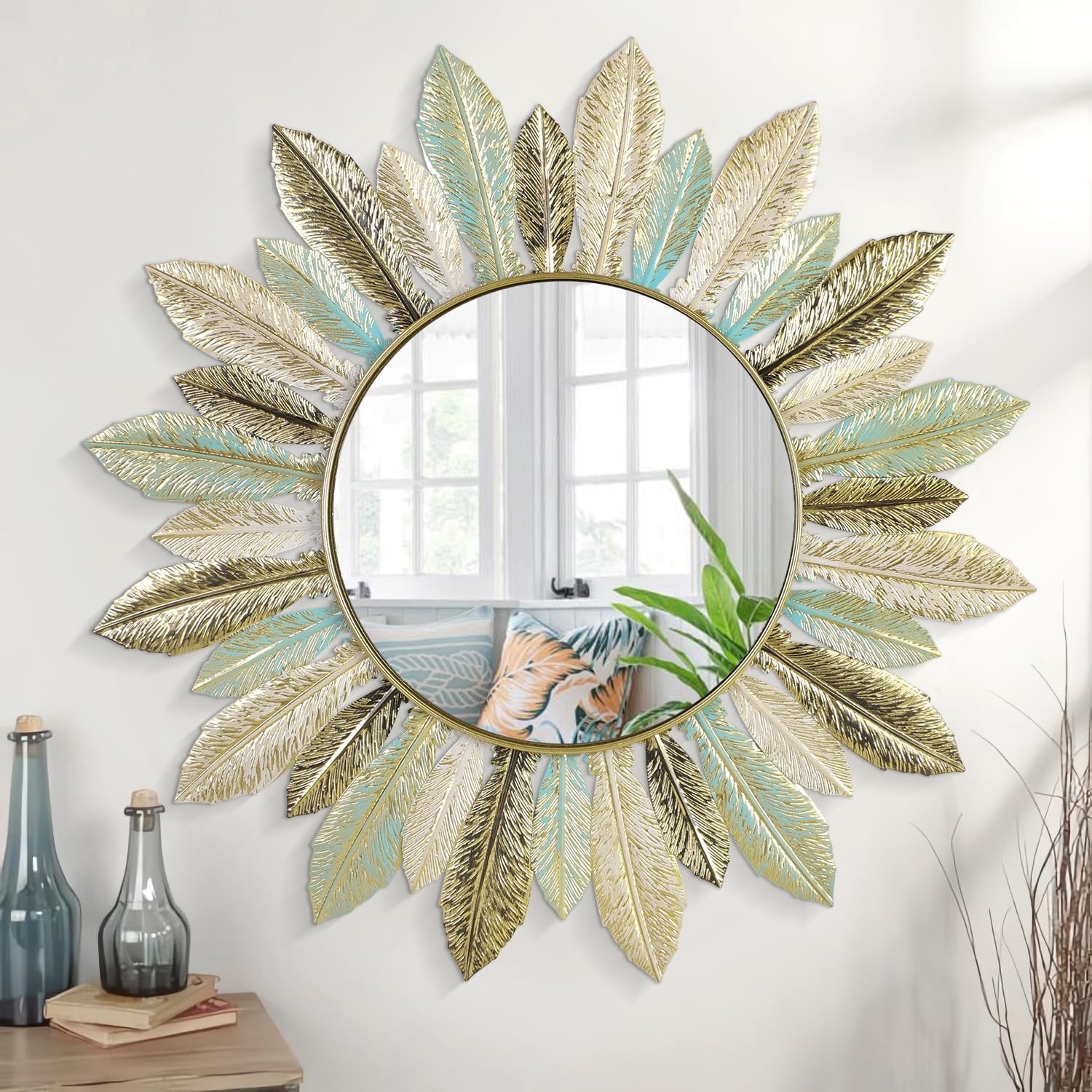 JJUUYOU Mirrors for Wall Decoration Metal Sunburst Wall Mirror Room Decor & Home Decor, Boho Mirror Wall Decor Gifts for Women & Moms (Medium, Sun Flower)