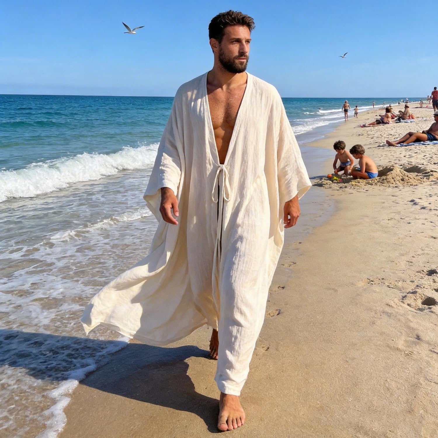 Mens Kaftan Summer Beach Robe, Soft Long Kaftan for Men, Caftan Layer for Swim Pool & Coastal Resort Style