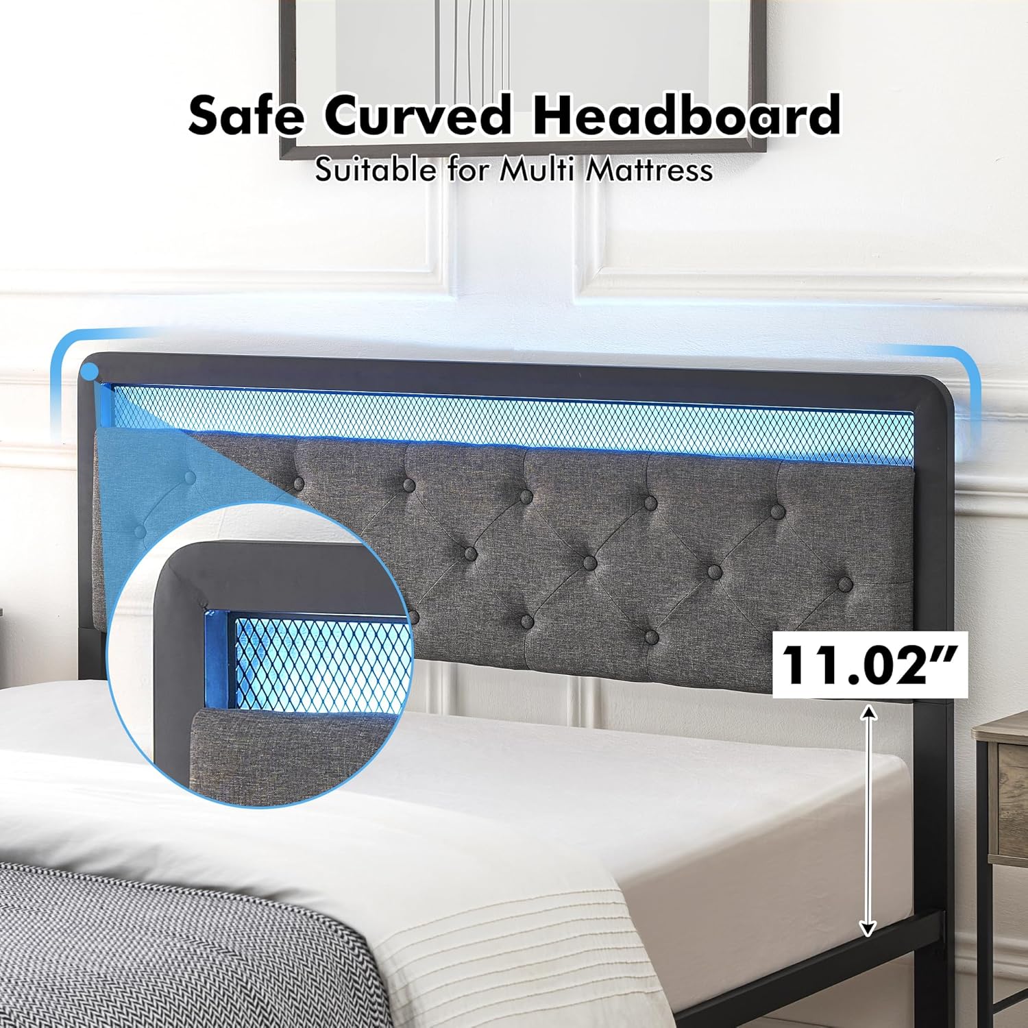 IDEALHOUSE Upholstered Bed Frame with LED Lights and 2 Storage Drawers, Platform Bed with Button Tufted Headboard,Strong Metal Slats Support,No Box Spring Need, Noise Free,Dark Gray (Queen)