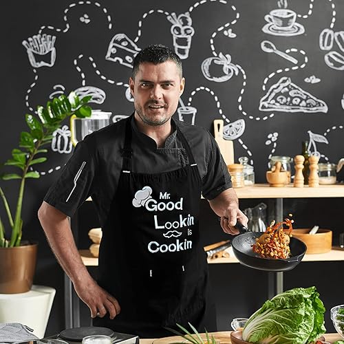 Miniatura 6 de Delantales divertidos bordados para el día del padre, cumpleaños, regalos de cocina para papá, hermano, marido, polialgodón, color negro