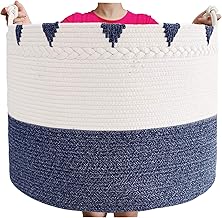 TerriTrophy XXXXLarge Cotton Rope Blanket Basket 22in x 22in x 16in Woven Laundry Hamper Laundry Baskets Storage Basket for Towel, Toys, Diaper, Laundry Basket (22in *22in*16in Blue)