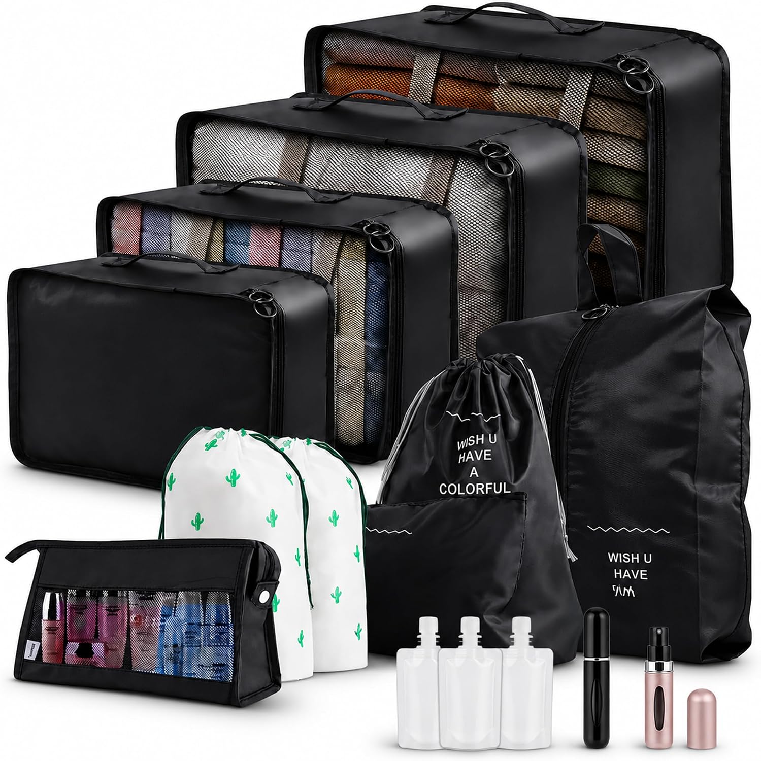 15-Piece Packing Cubes Travel Organizer Set with 2 Perfume Atomizers | Luggage Organizer Bags for Clothes, Shoes & Accessories - Waterproof Suitcase Organizers for Travel